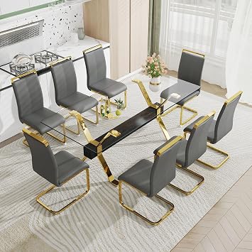 79 Inch Dining Table Set for 8, Modern Kitchen Glass Dining Table and Chairs for 8, Upholstered Seat High Back PU Leather Chairs,Mesas de Comedor Set for Living Room Kitchen