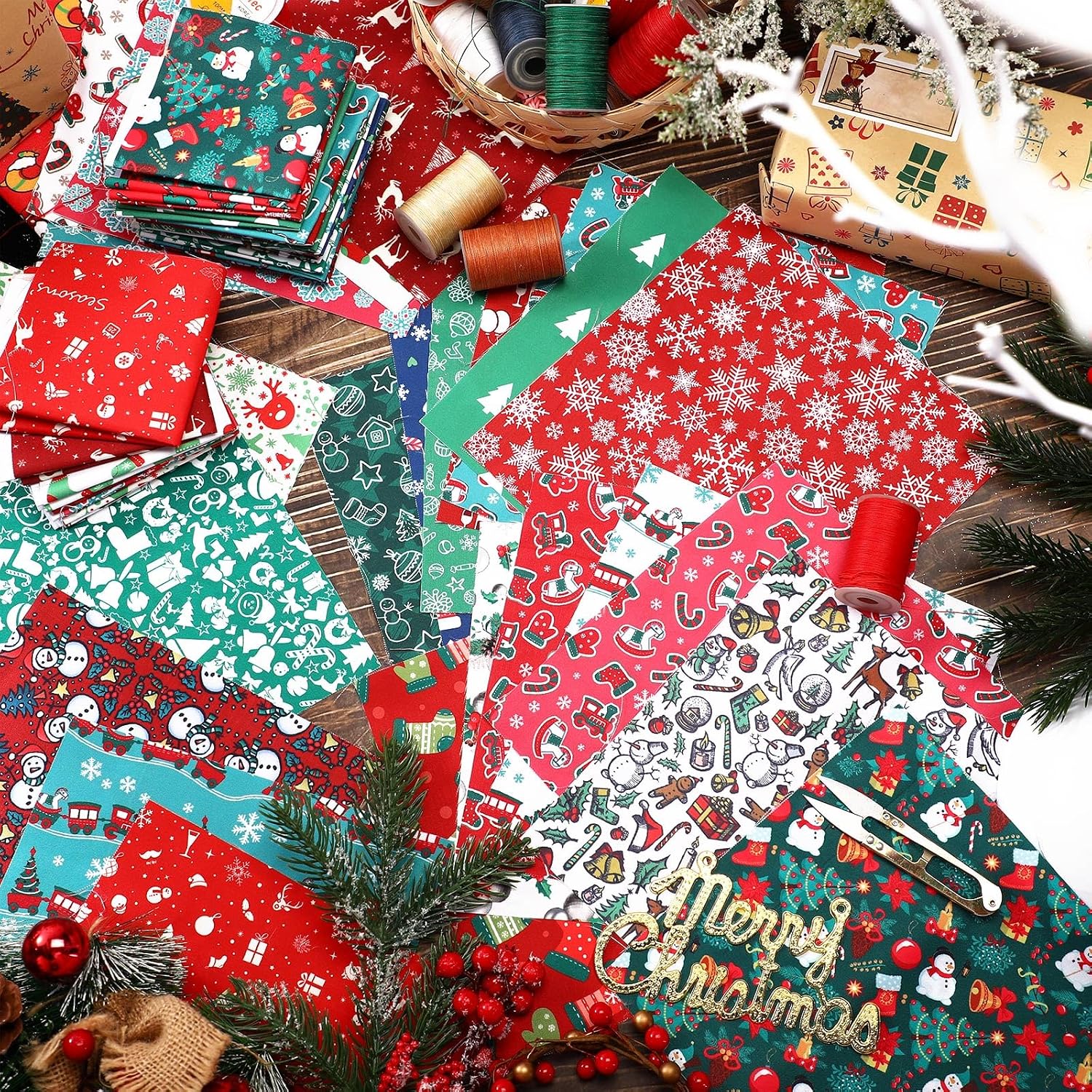 Preboun 100 Pcs Christmas Fabric Squares Bundles 8 x 8 Inch Sewing Quilting image 5