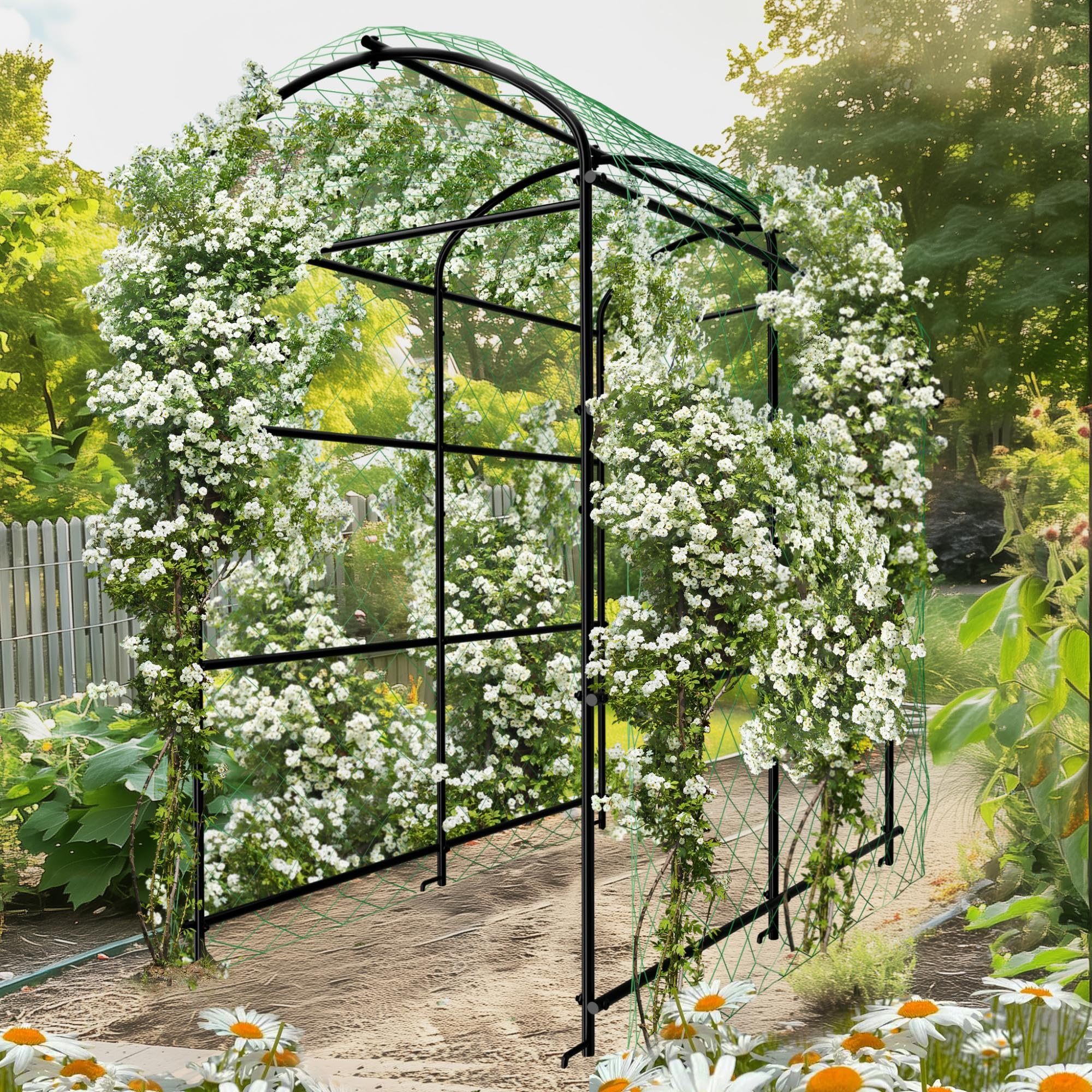 UNHO Tall Garden Arch Trellis for Climbing Plants, Outdoor Metal Plant Support Archway Garden Arbor Tunnel for for Vegetables Plant Cucumber Trellis with Netting Large