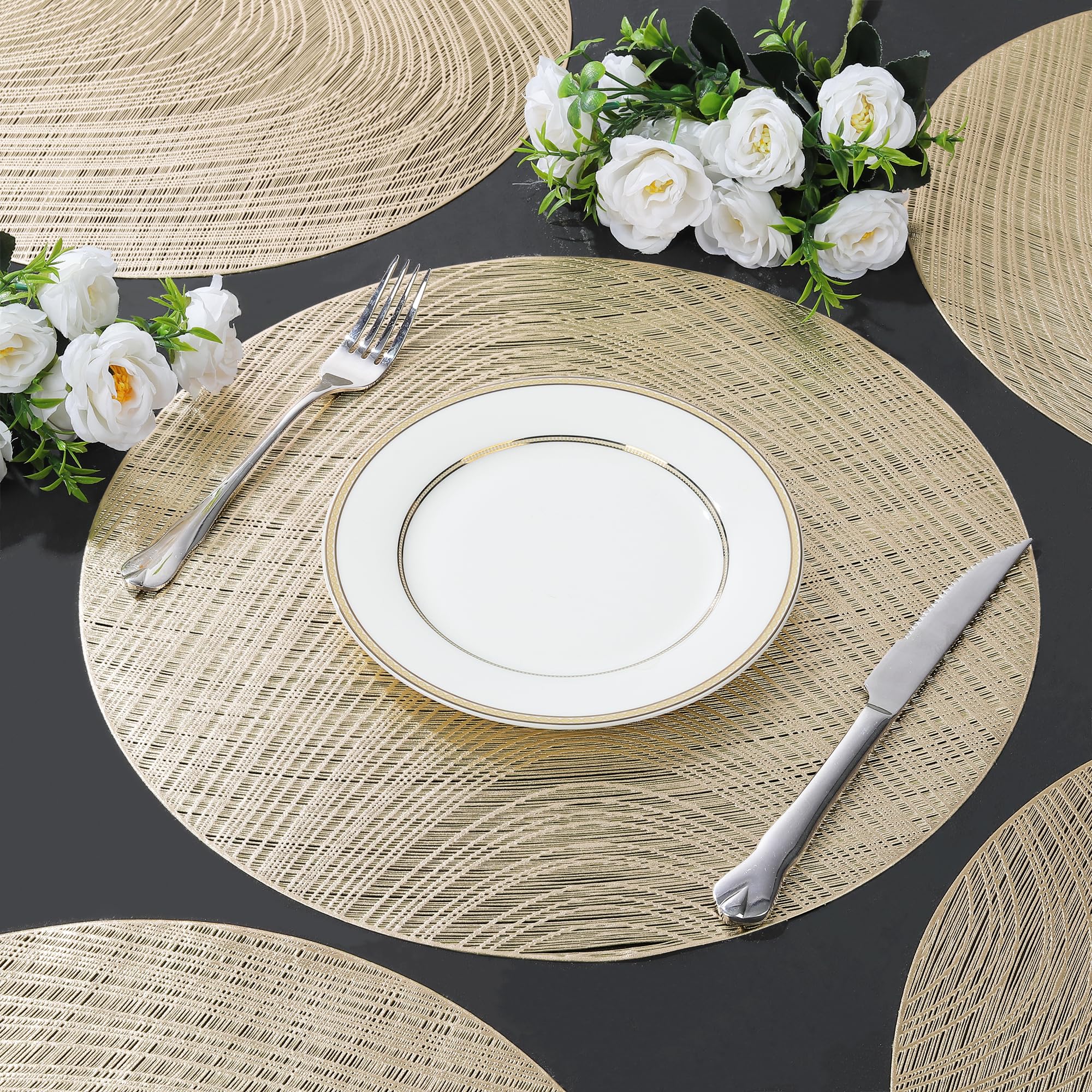 fanquare Oro Glitter Foglia Tovagliette 53×31 cm Set di 6 Stampato PVC Metallico Tovagliette Tovagliette Moderne per Tavolo da Pranzo Festa Matrimonio Anti-Skid