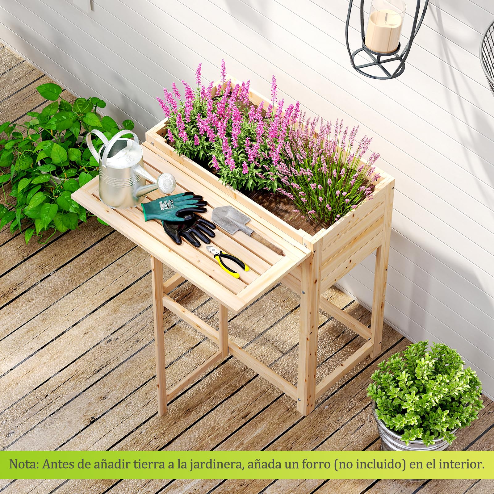 COSTWAY Cama de Jardín Elevada de Madera con Patas, Mesa Lateral Plegable, Drenaje, Caja de Plantación Elevada para Flores Hierbas Verduras Frutas, Jardinera Interior Exterior para Patio Trasero