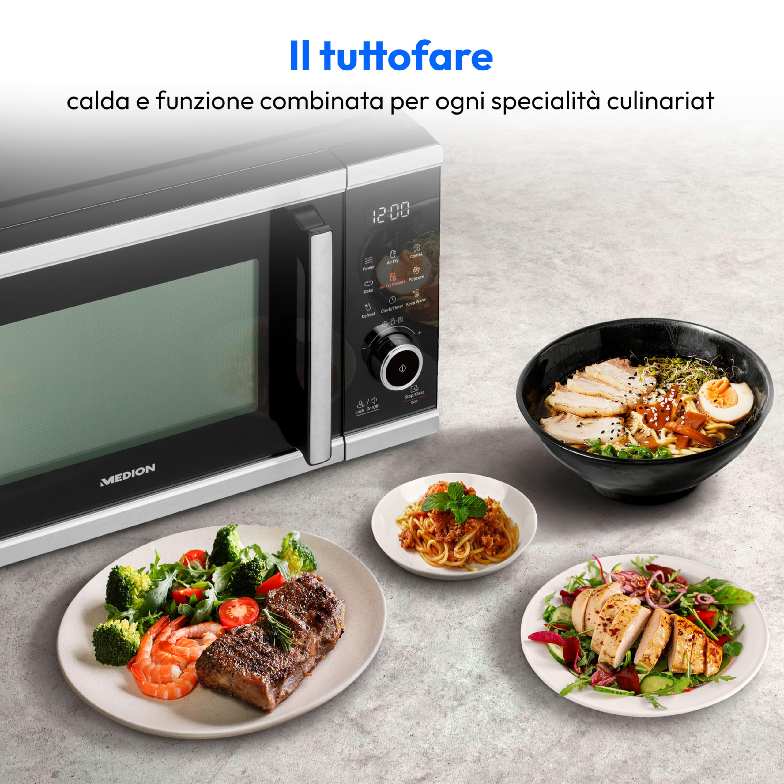 MEDION Microonde con funzione friggitrice ad aria calda (25L, 900W, 1500W aria calda, 9 programmi automatici, 10 livelli di potenza, modalità scongelamento, MD11499) nero