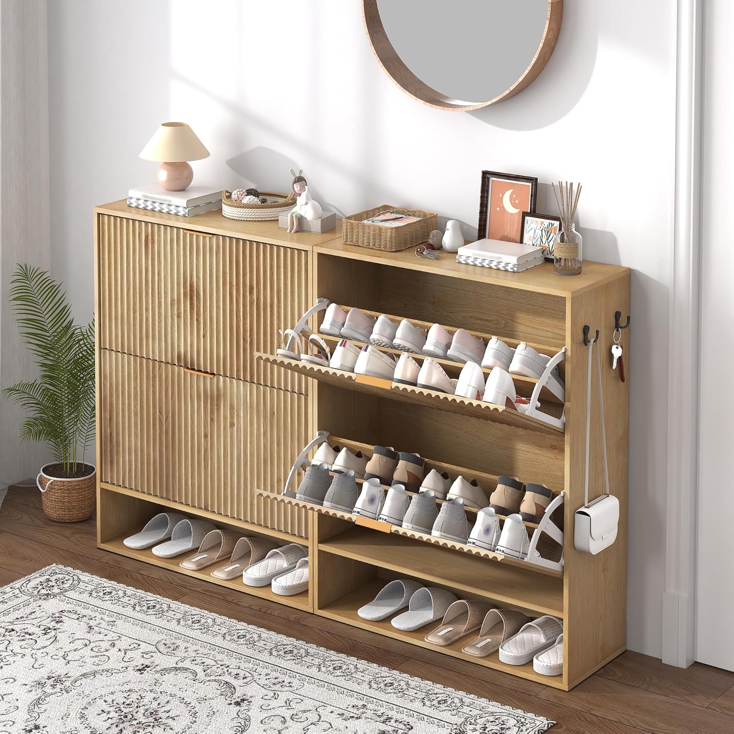 Fluted Shoe Cabinet for Entryway, Slim Freestanding Shoe Storage with 2 Flip Drawers, Bottom Open Shelf & Side Hooks, Narrow Shoe Organizer for Foyer or Hallway, Oak