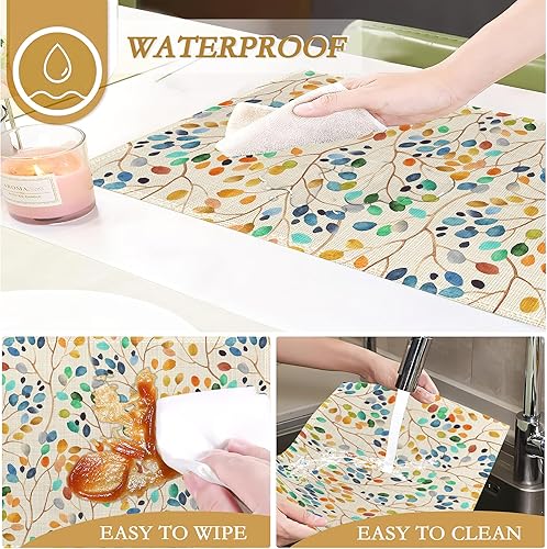 Miniatura 4 de Juego de 6 manteles individuales con diseño de hojas, diseño de grafiti colorido, 12 x 18 pulgadas, impermeables, a prueba de aceite, lavables y