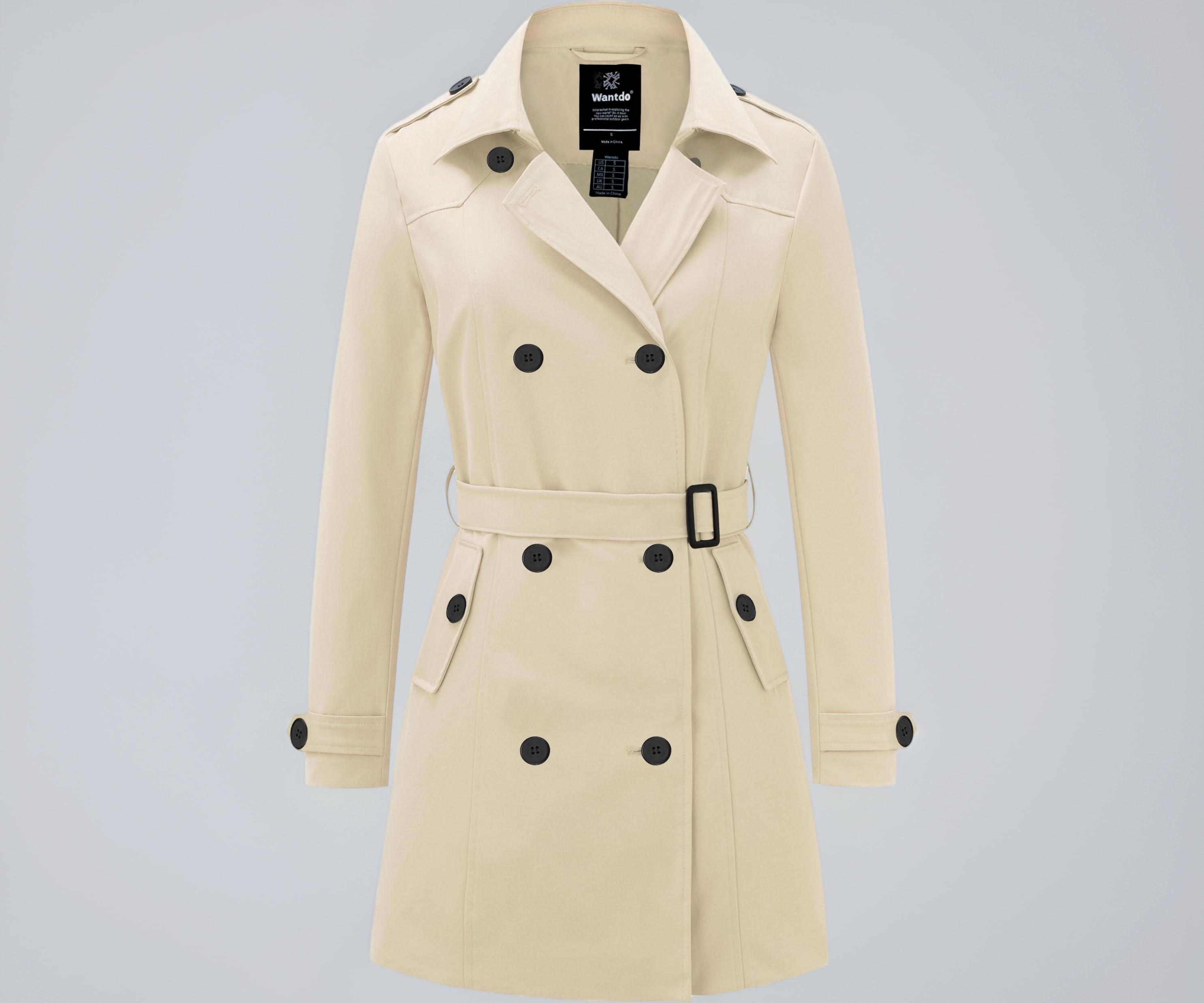 Wantdo Women's Double-Breasted Trench Coat with Belt
