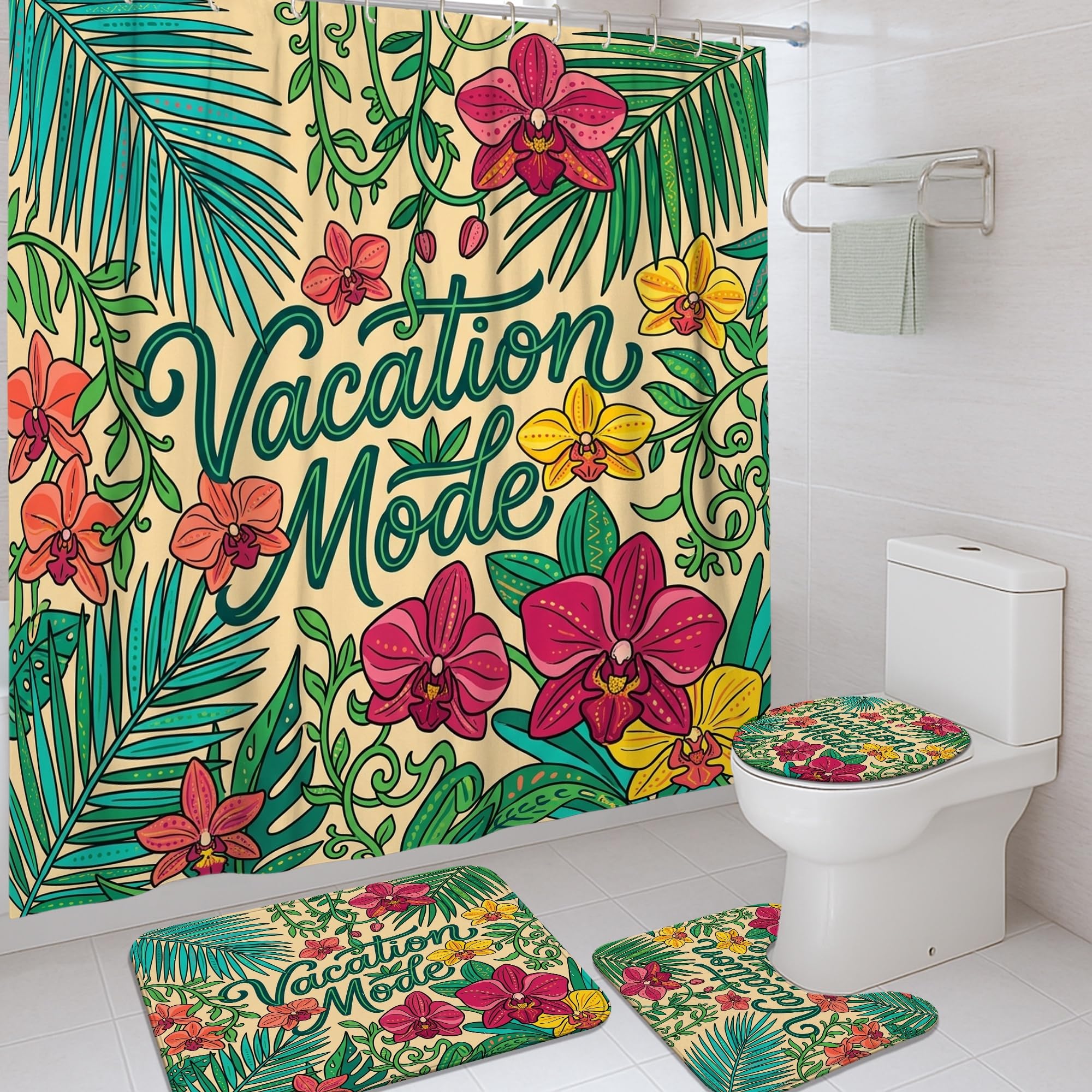 Rideau de douche orchidée et palmier 183x183 cm avec tapis de bain