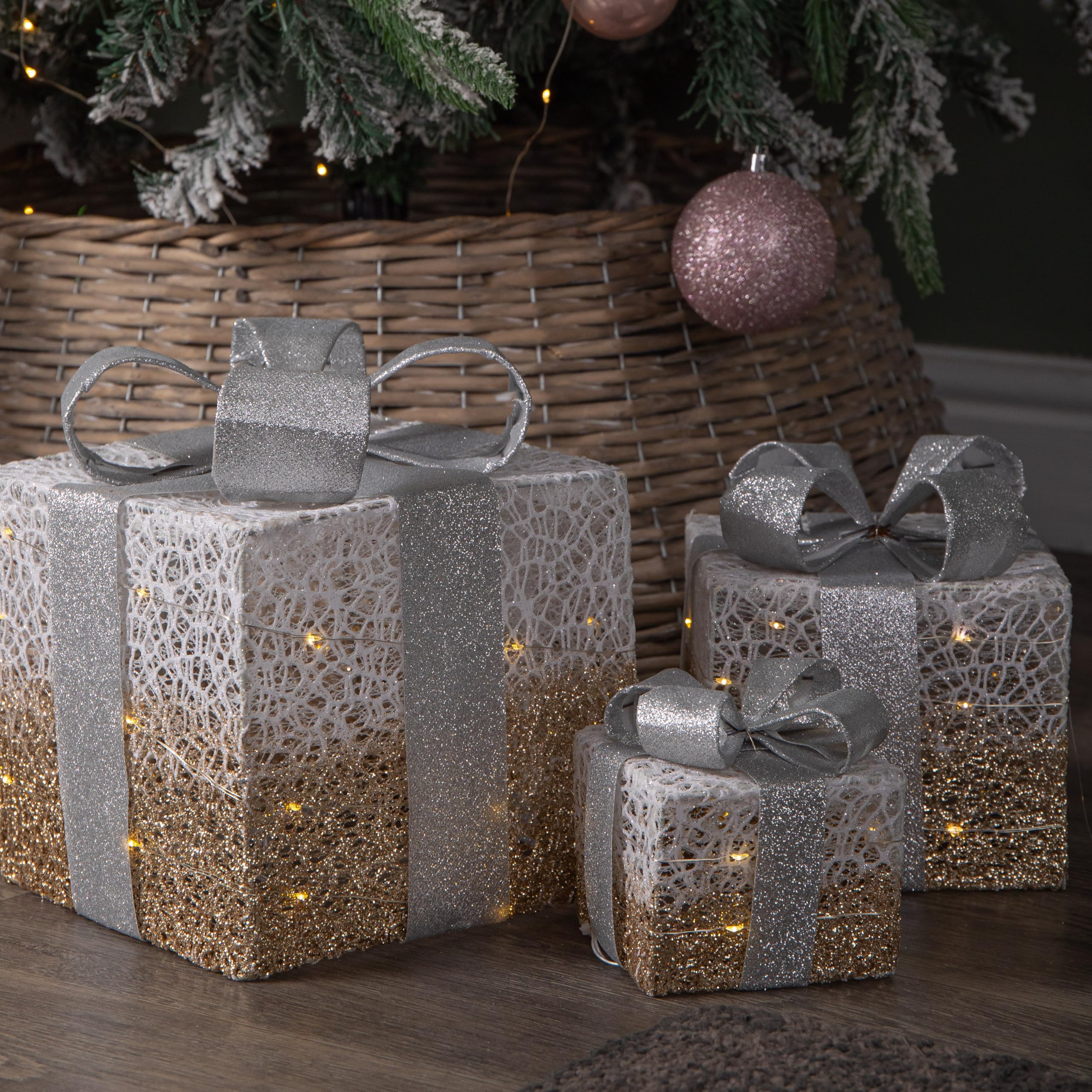 Samuel ALEXANDER Set of 3 Battery Operated Gold Sparkly Boxes with LEDs