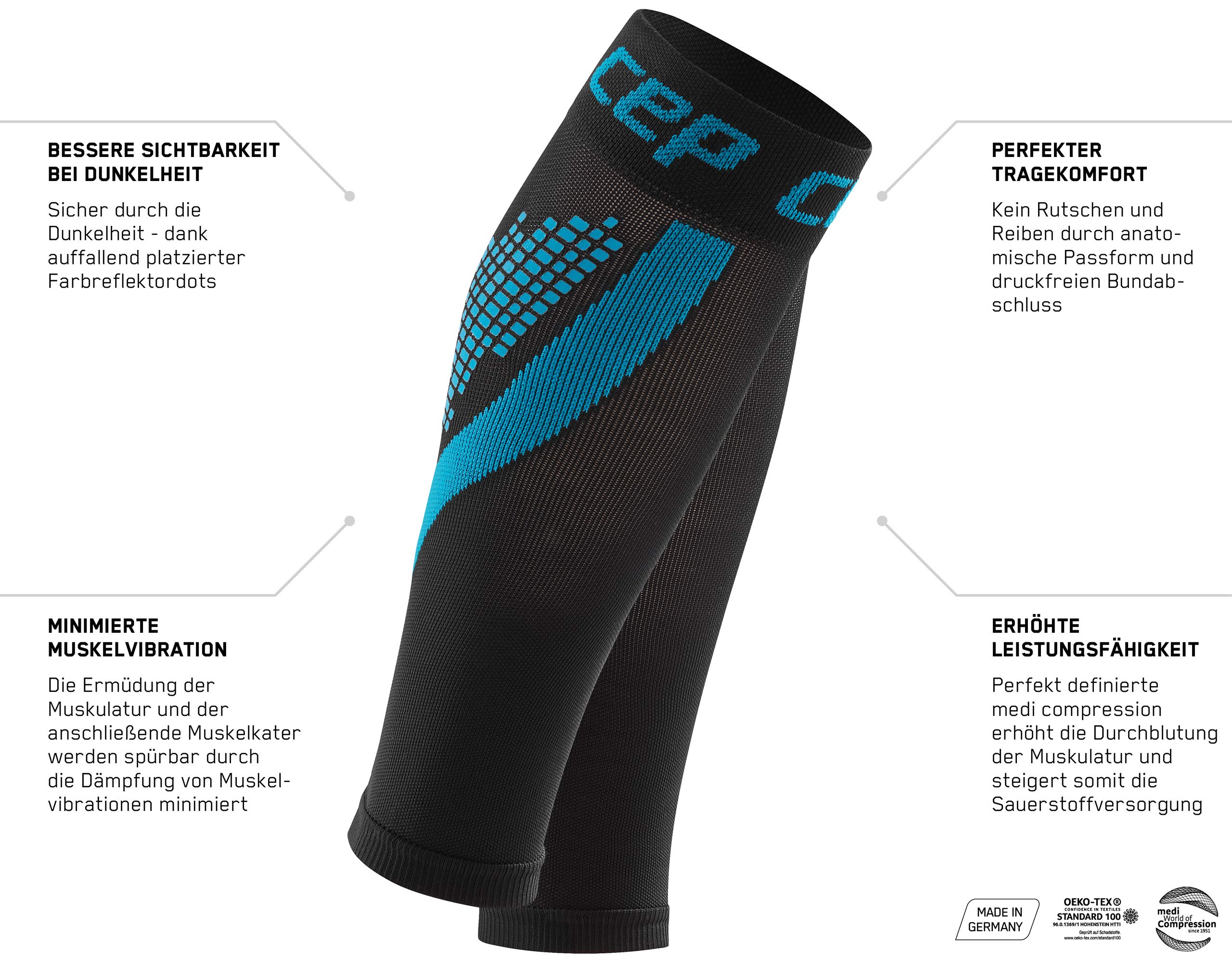 CEP - NIGHTTECH Calf Sleeve 2.0, Reflektierende Damen Beinstulpen, Stutzen für exakte Wadenkompression, Made by Medi, schwarz / blau, Size IV