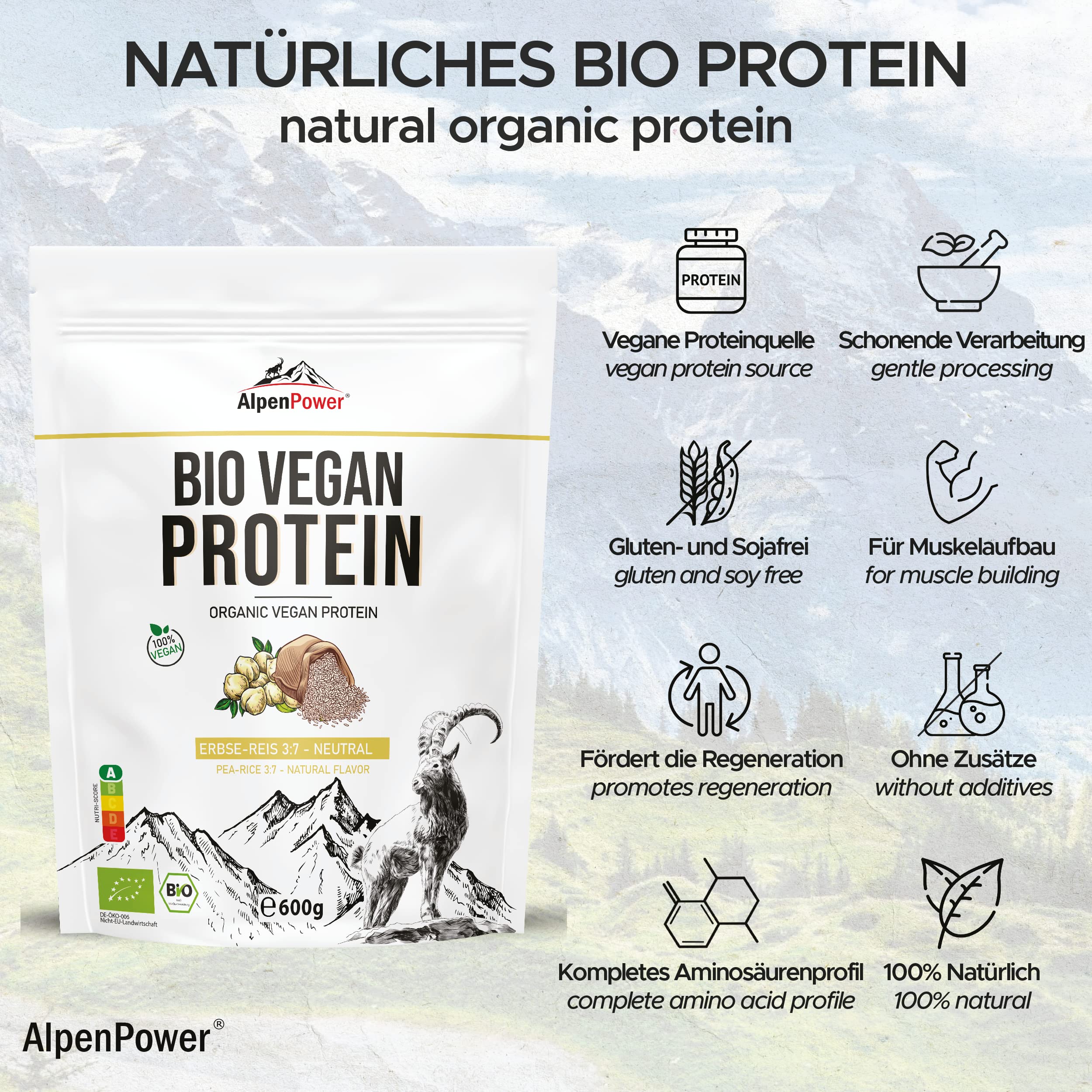 AlpenPower BIo Vegan Protein 2K Erbse-Reis Natur 600 g I 100% natürlich & ohne Zusatzstoffe I Optimales Verhältnis Erbsen-Reisprotein I Veganes Proteinpulver für Fitness