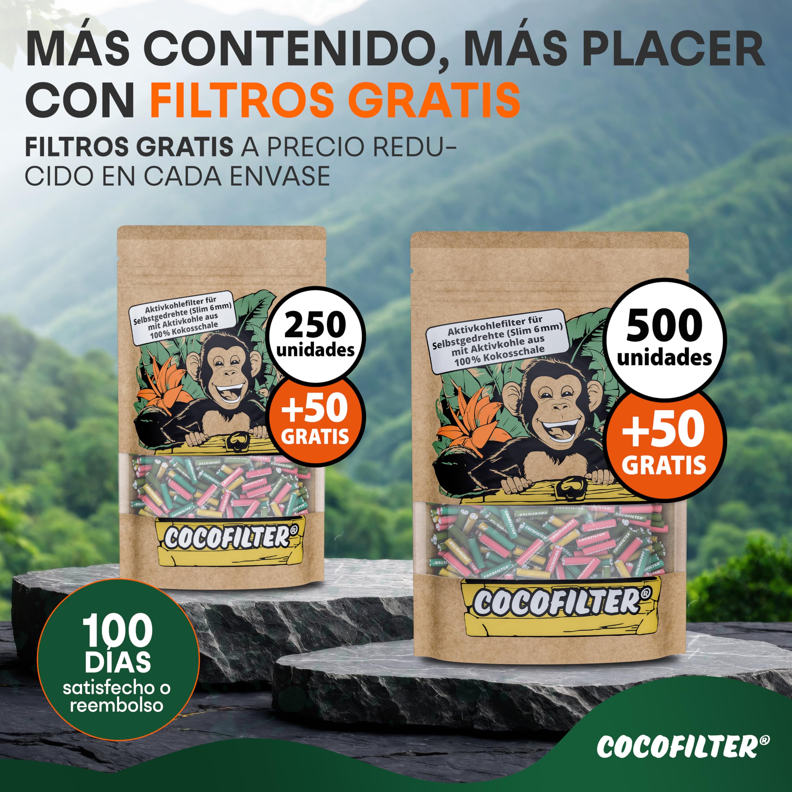 Filtros de carbón activado 6mm de cáscara de coco [550 uds.] | 500 + 50 puntas de filtro slim naturales con extremos de cerámica para cigarrillos liados a mano, 27mm, en bolsa resellable