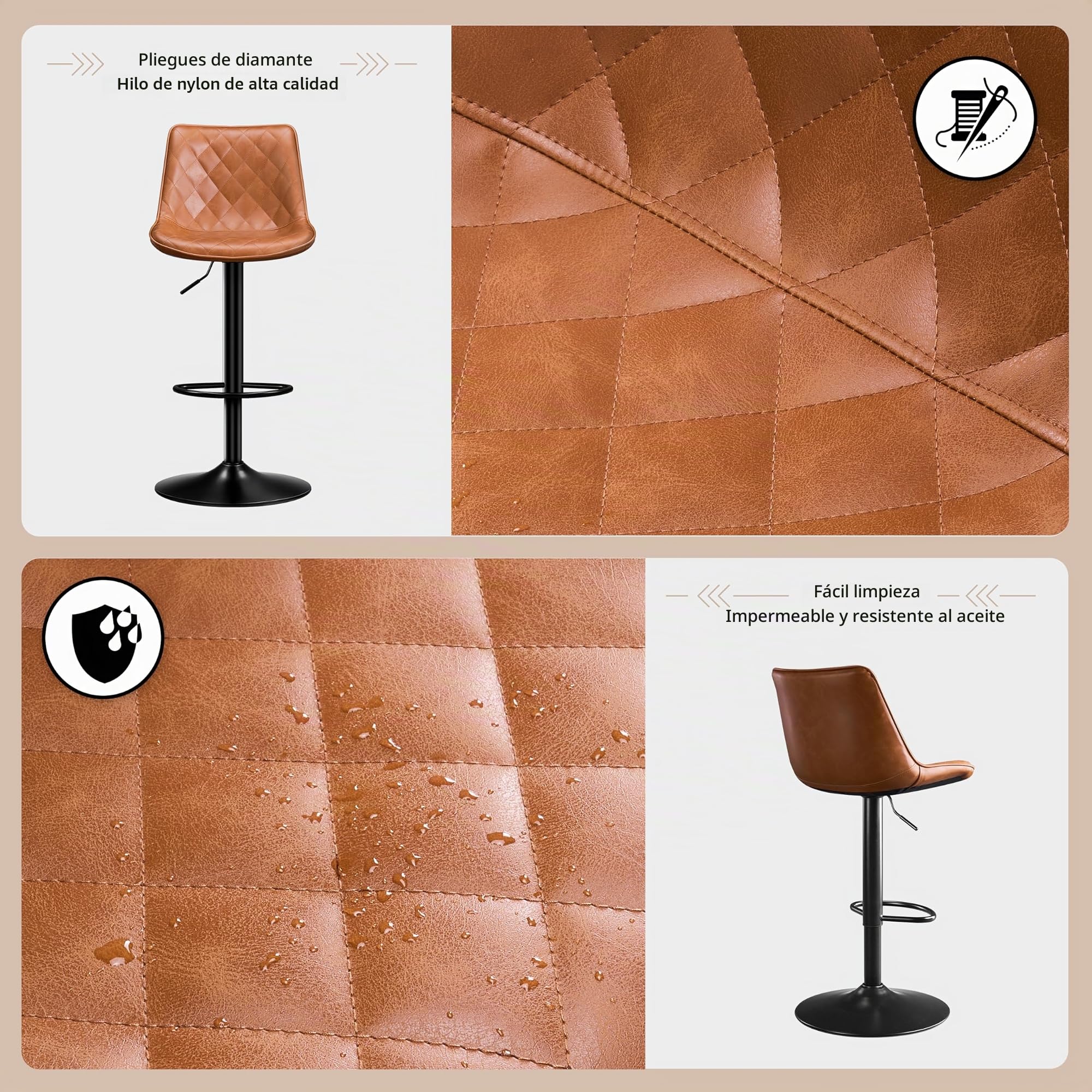 STOOLINK Juego de 2 Taburete Cocina, Taburete Alto Cuero de Microfibra, Taburete de Bar con Respaldo, Taburete Bar Regulables en Altura, Sillas de Bar con Reposapiés-Whisky Marrón