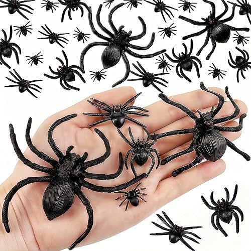 Arañas de plástico realistas, decoraciones de Halloween, 70 arañas falsas negras, accesorios de broma de araña de Halloween con 5 estilos y tamaños