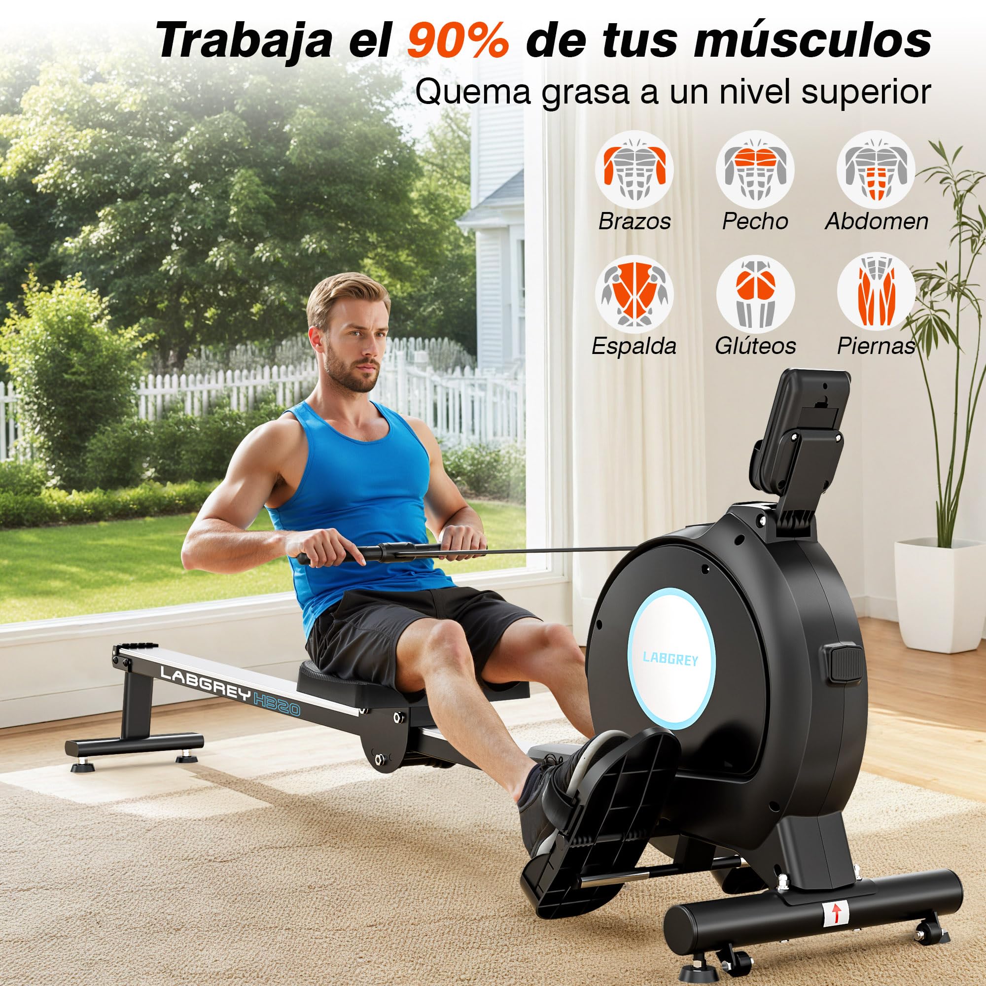 LABGREY Rameur Magnétique D'appartement, Rameur Bluetooth, Écran LCD, Silencieux, Capacité Maximale 158 kg, Idéal pour l’Entraînement Cardio à Domicile