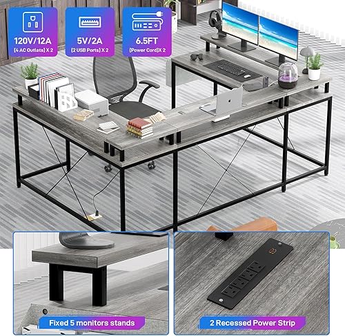 Miniatura 6 de GAOMON Escritorio en forma de U, escritorio para juegos de 126 pulgadas con soporte para monitor y luces LED, escritorio grande reversible para