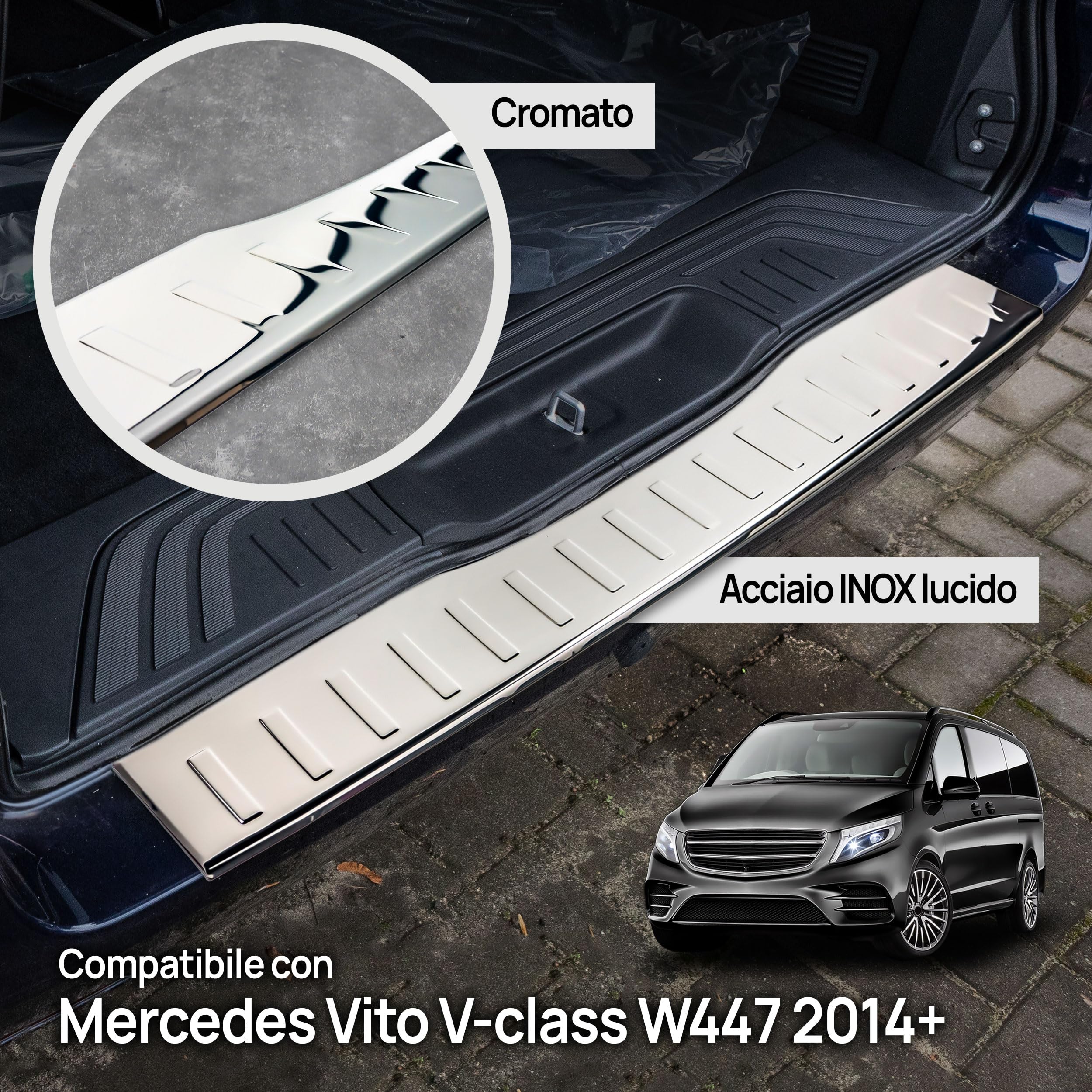 CHROMEMASTER | Compatibile con Mercedes Vito, V-Classe W447 2014+ | Protezione soglia di carico protezione paraurti | Acciaio inossidabile lucidato/cromato | Listello di protezione della vernice