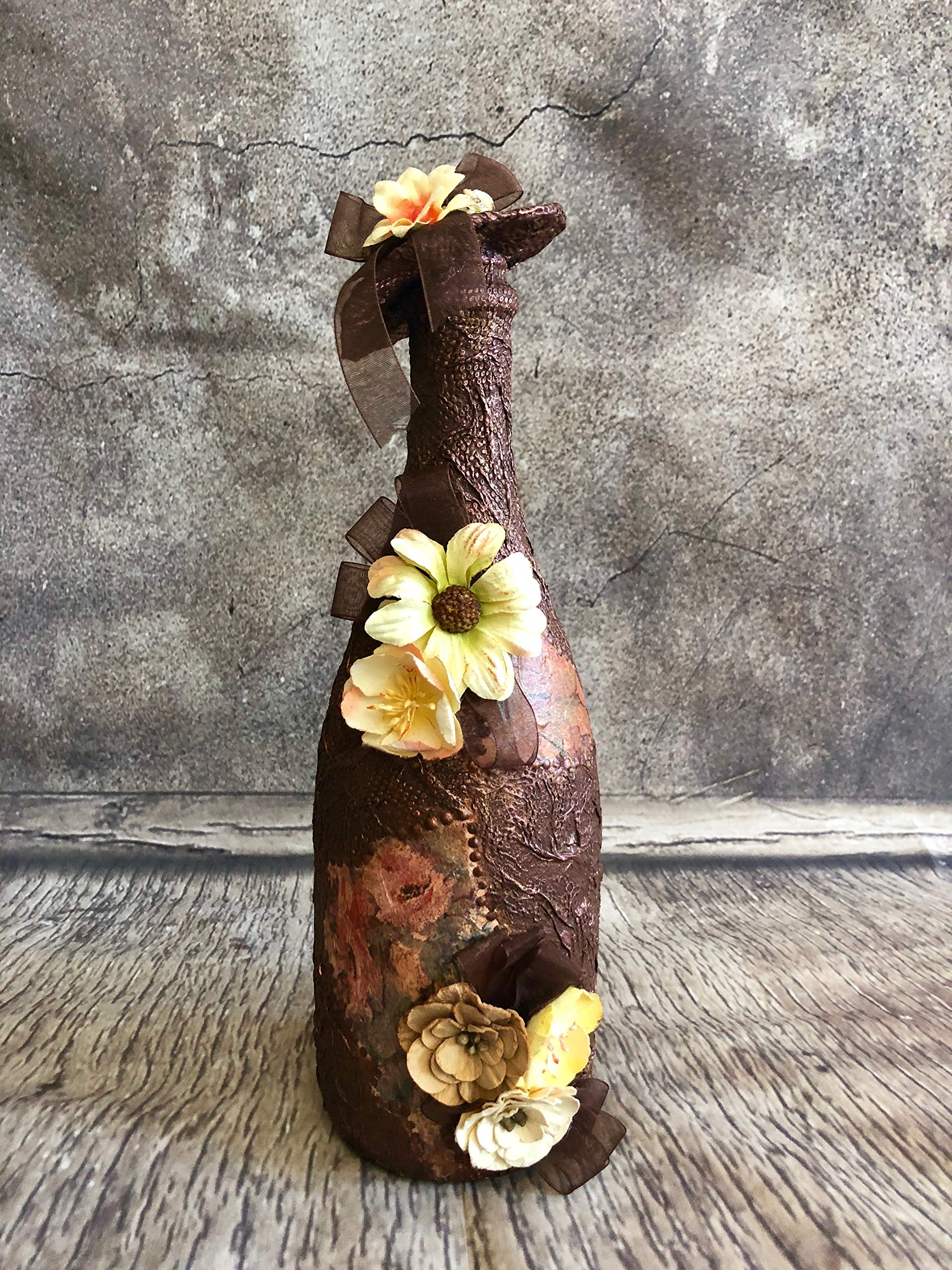 Wine Bottles. Glass Bottles. Decorated Bottles. Decoupage Bottles. Home Decor. Centerpieces. Vases. Craft Bottles. Art. Yarn Bottles. Displays. Handmade. Decorations. Table Display. Flowers.