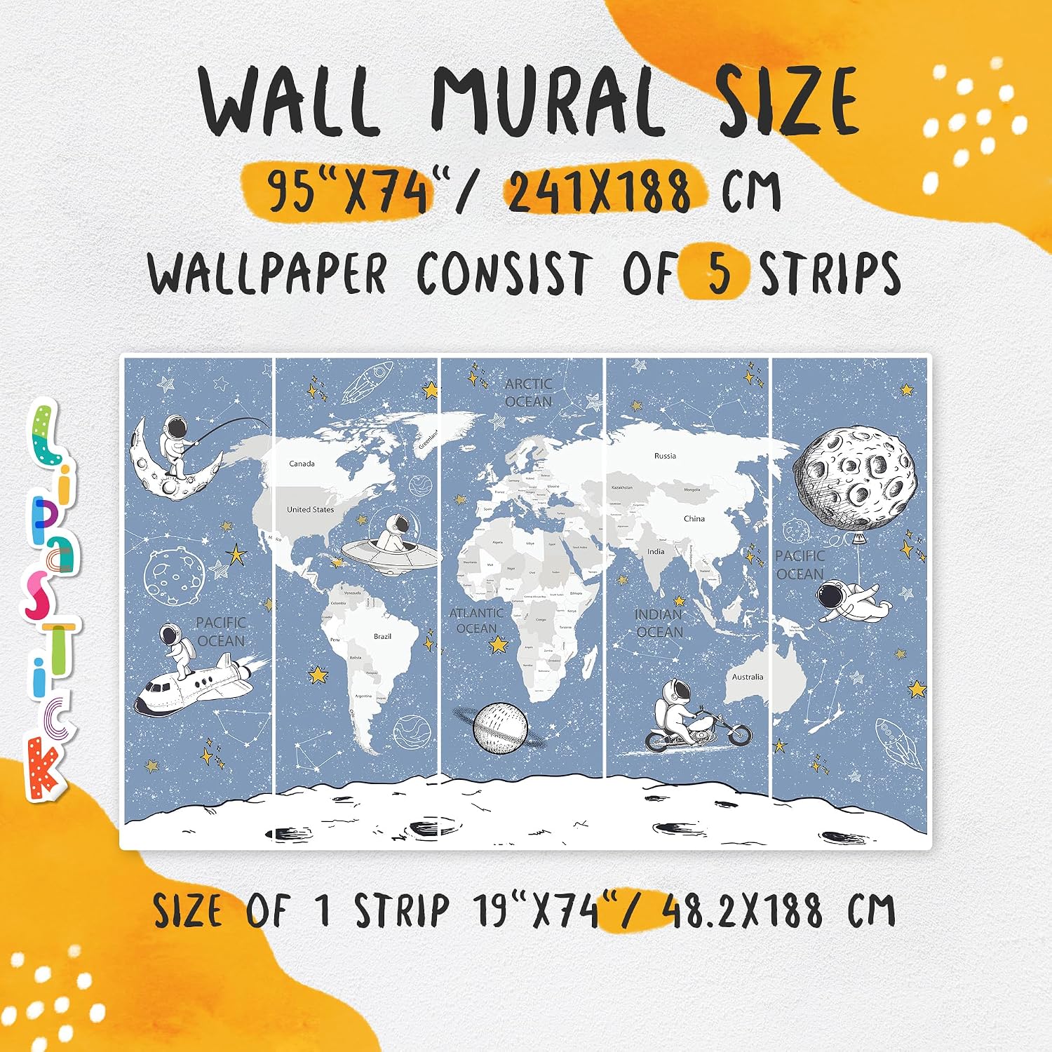Kids Room Wallpaper Astronaut Space – Giant World Map with Countries Mural - Nursery Wallpaper Peel and Stick – Kids Wall Murals for Girls Boys Baby – Waterproof Self Adhesive (408215, 94.5W x 74H)