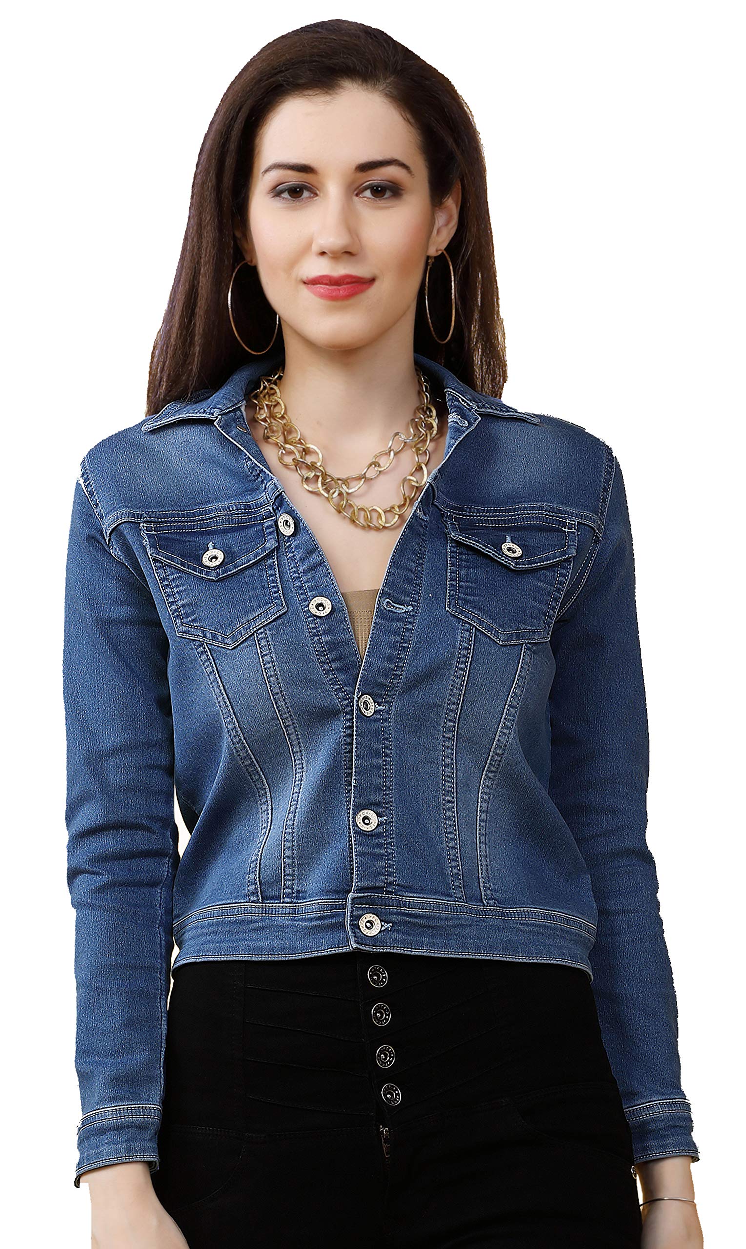 FCK-3 Stretchable Denim Full Sleeve Solid Light Faded Two Pockets Jacket for Women