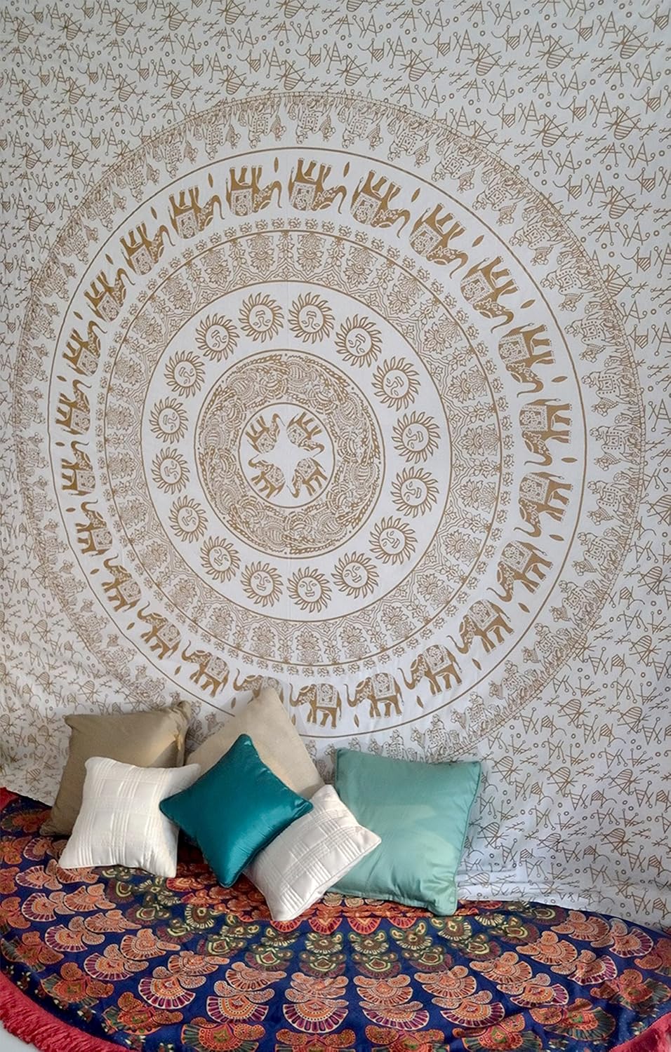 White Gold Elephant Mandala Tapestry Wall Hanging Hippie Bohemian Indian Bedspread Wall Art Queen Size Bedding for Bedroom Medallion Yoga Meditation Picnic Spread Boho Blanket Gypsy Dorm Room Decor