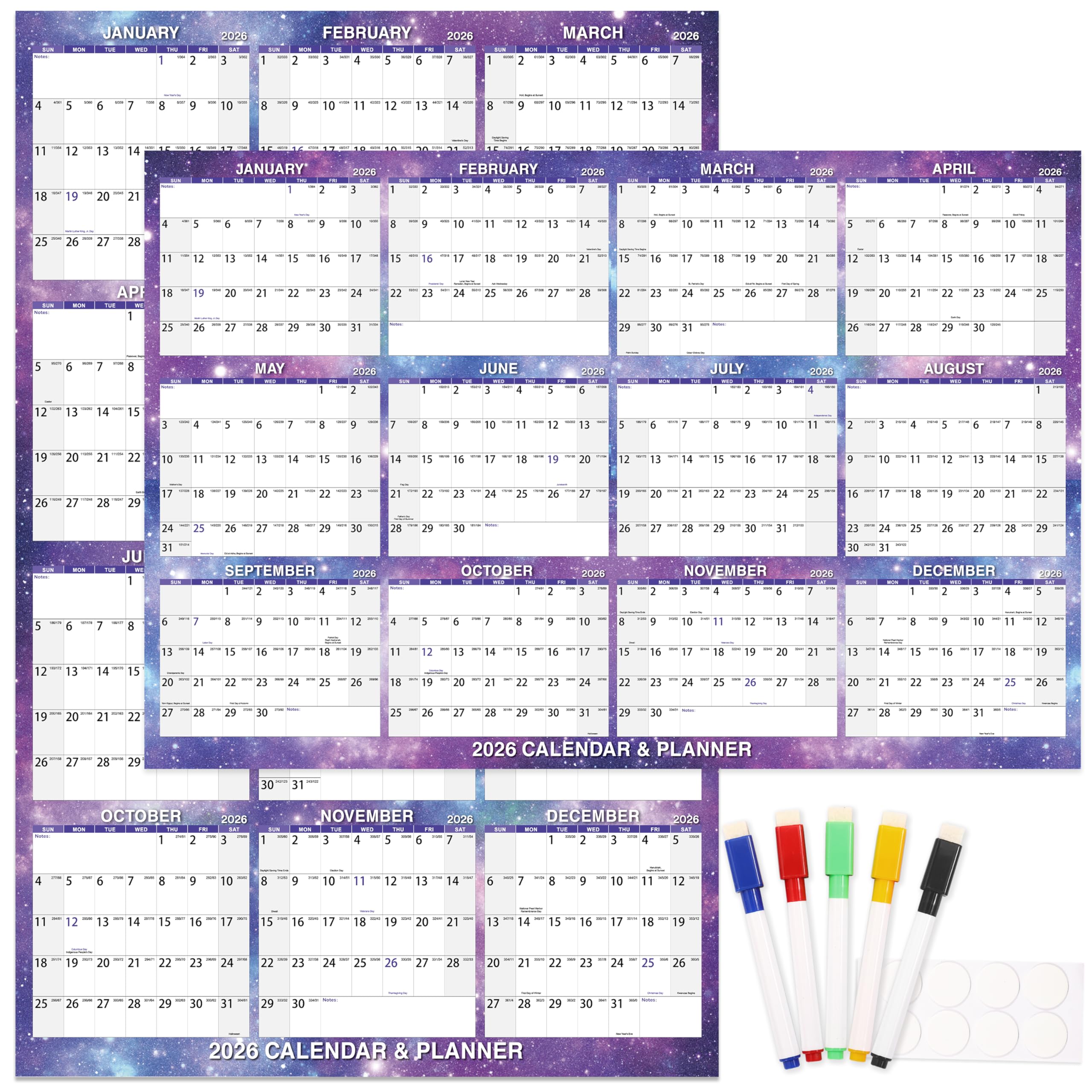 Calendario de pared 2026, calendario grande borrable de 32 x 48 pulgadas, cielo estrellado, calendario de pared de 12 meses 2026 de enero de 2026 a diciembre de 2026, calendario de borrado en seco con