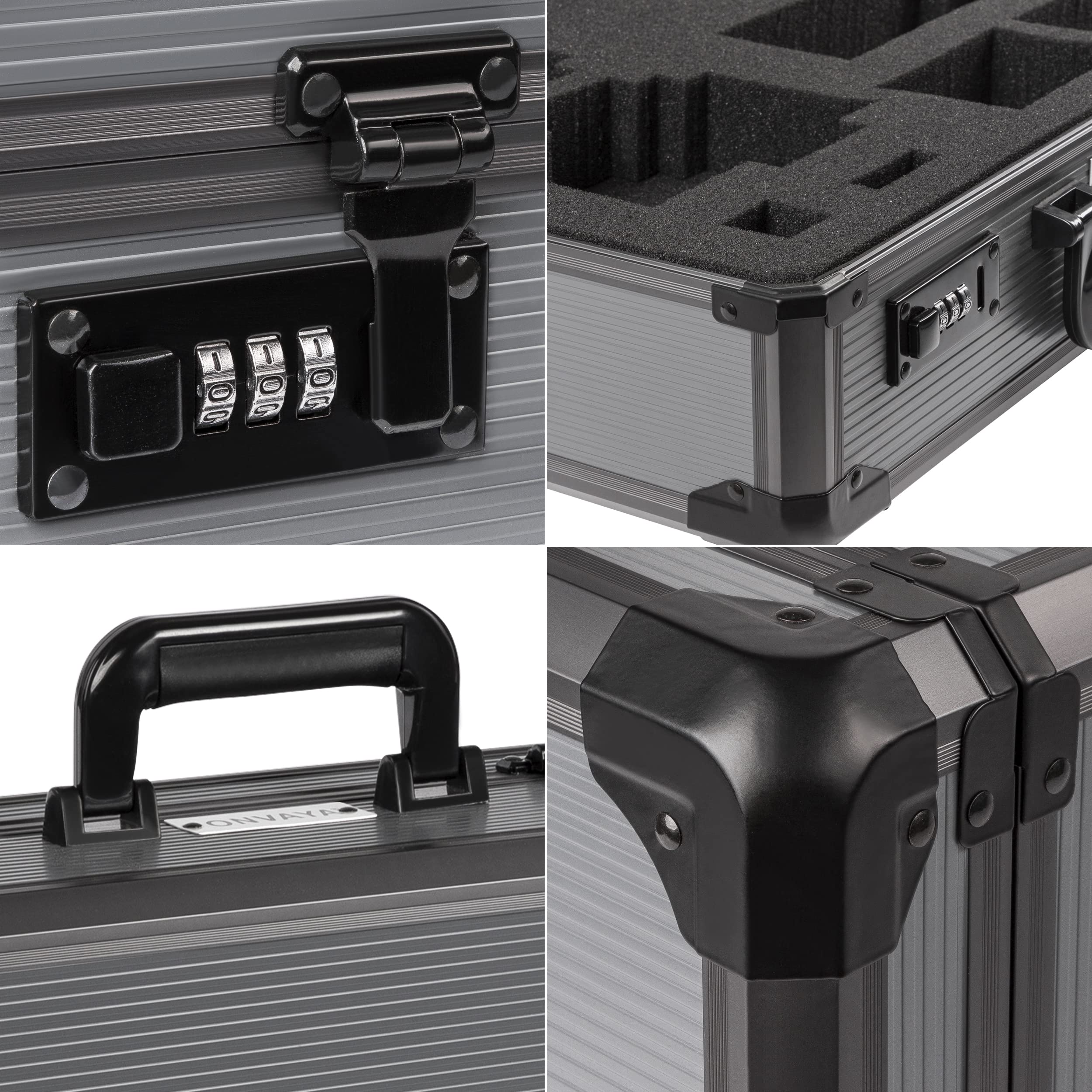 ONVAYA® Aluminiowa walizka z zamkiem szyfrowym, aluminiowa walizka na dokumenty, walizka transportowa z pianką, zamykana walizka na zdjęcie, walizka na broń, czarny,