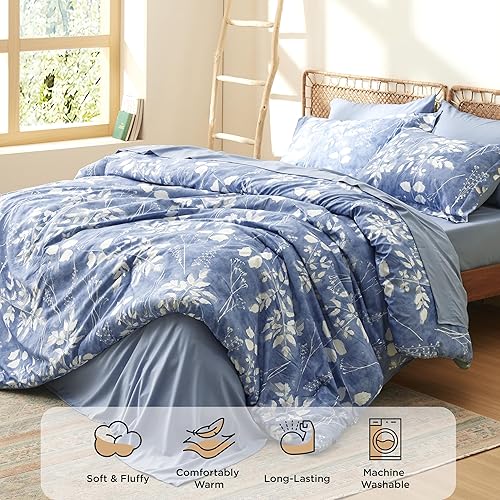 Miniatura 3 de Bedsure Juego de edredón tamaño matrimonial  7 piezas de ropa de cama de tamaño matrimonial con flores botánicas reversibles, sábanas, fundas de