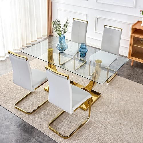 Miniatura 2 de SSLine Moderno juego de mesa de comedor de cristal de 5 piezas para 4 personas, mesa de cocina de 63 pulgadas de largo con 4 sillas de comedor de