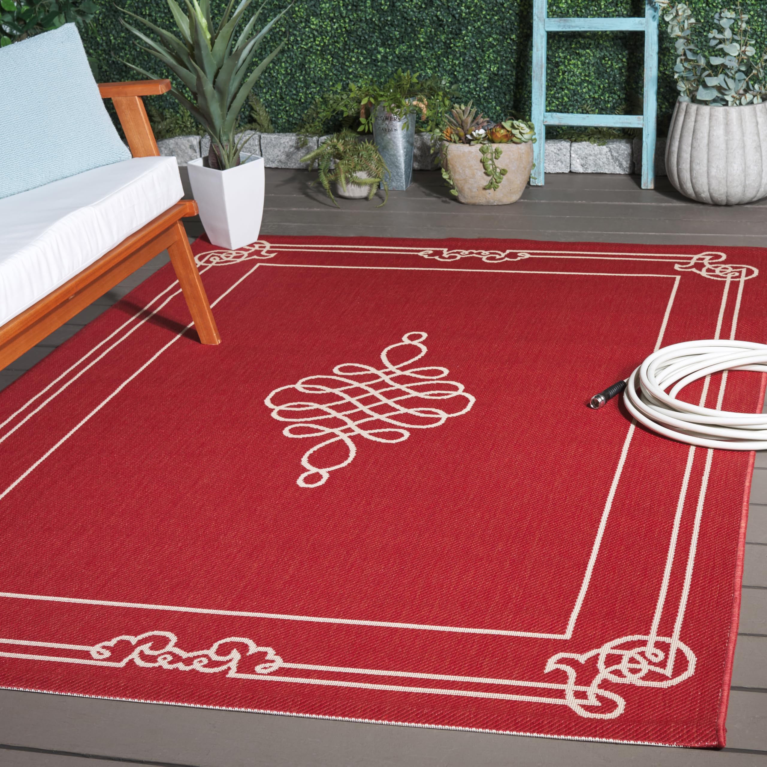 SAFAVIEH Washable Rug Outdoor Courtyard Collection - 5'3" x 7'7", Red & Cream, Non-Shedding & Easy Cleaning, Ideal for Patio, Backyard, Mudroom (
