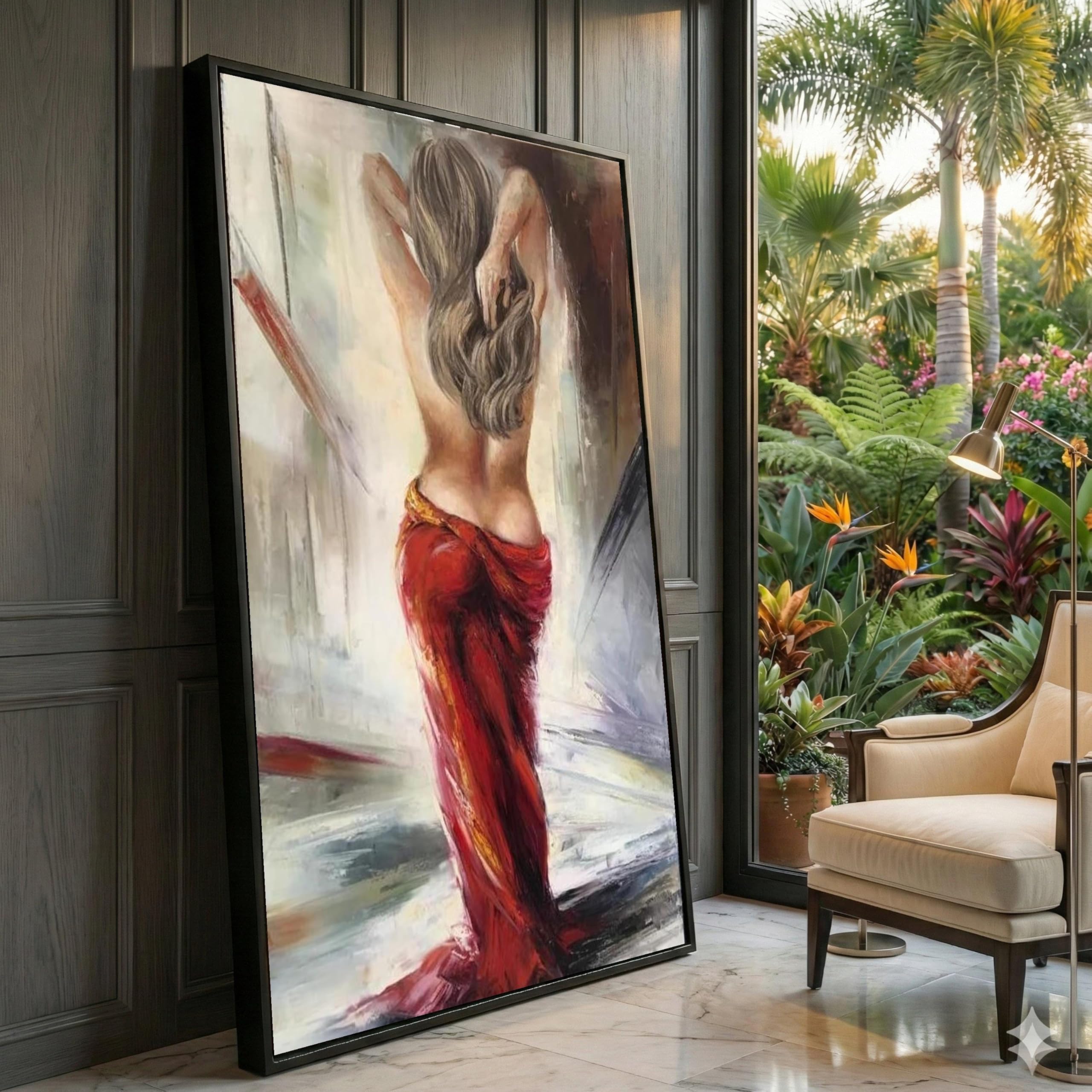 XINBAO Sensual Woman in Red Drapery, Abstract Figure Canvas, Elegant Female Art, Contemporary Wall Decor,Modern Canvas Painting(80x140cm/Frameless)