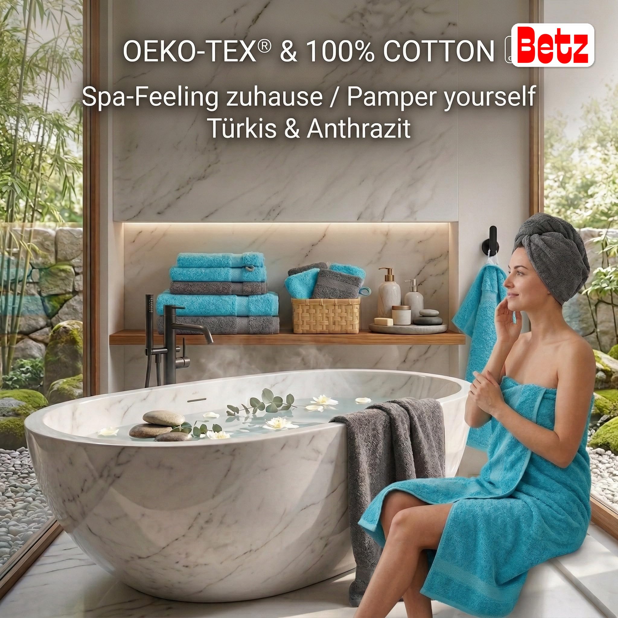 Betz set di 10 asciugamani Premium 100% cotone 2 teli doccia 4 asciugamani 2 asciugamani per ospiti 2 guanti da bagno colore turchese e antracide