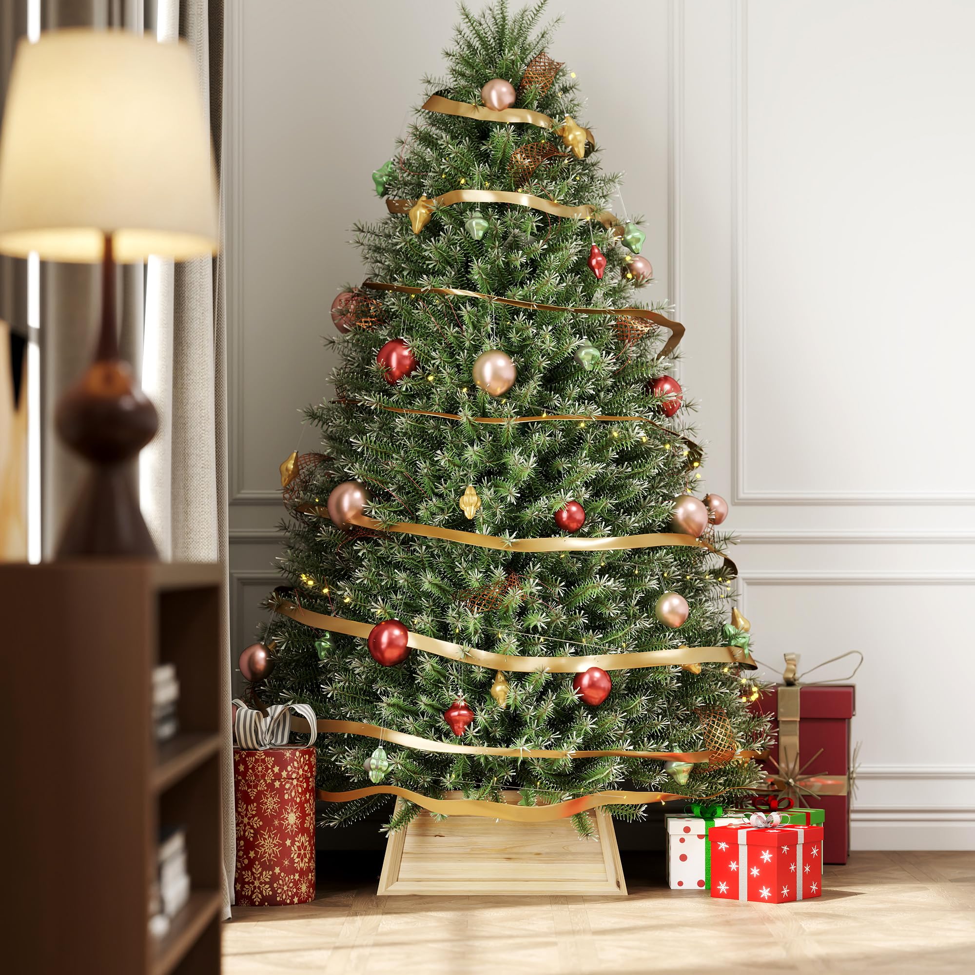 HOMCOM Weihnachtsbaumrock 65 x 65 cm Weihnachtsbaum Kragen in Naturholz | Aus Tannenholz, Weihnachtsbaumkorb, Für Party, Für Weihnachten