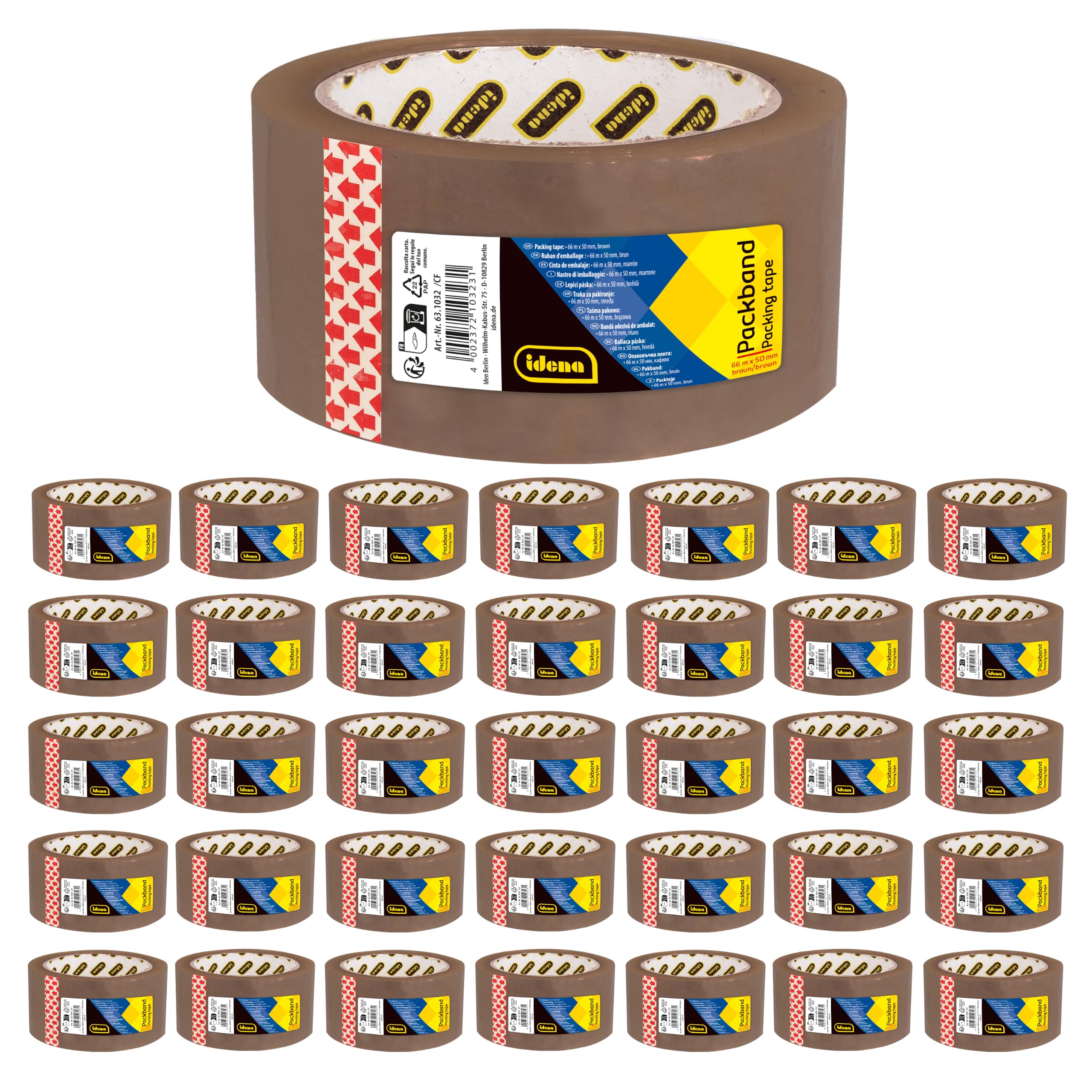 Idena 60064 - Cinta adhesiva marrón, 50 mm x 66 m, 36 rollos de cinta de paquetería silenciosa, ideal para mudanzas y envíos