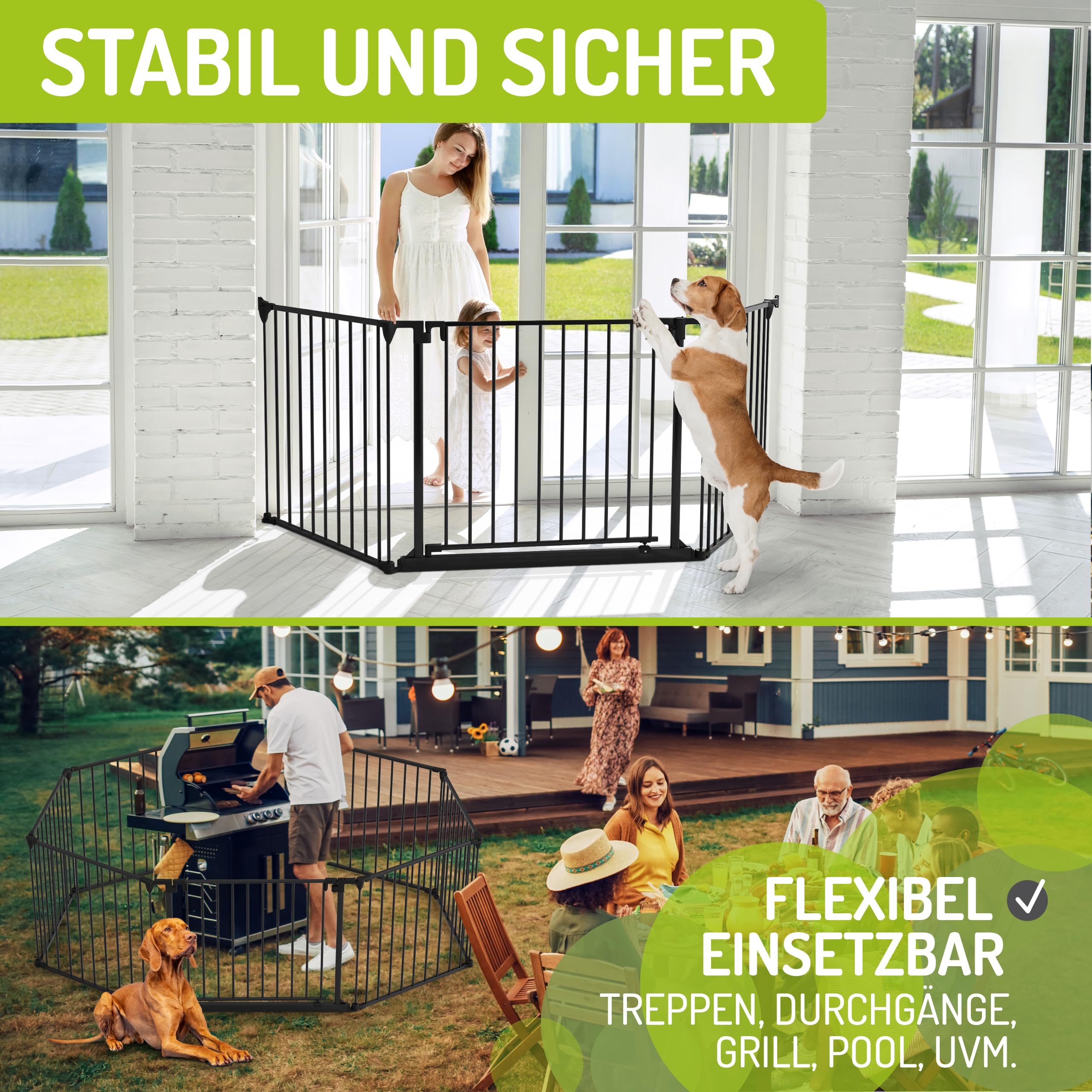 BOMI Treppenschutzgitter Milo bis 525 cm | Extrabreite Tür: 75 cm Durchgang | 90° Stop | Schließt automatisch | Über 500cm in Schwarz | Treppenschutzgitter Türgitter Klemmgitter