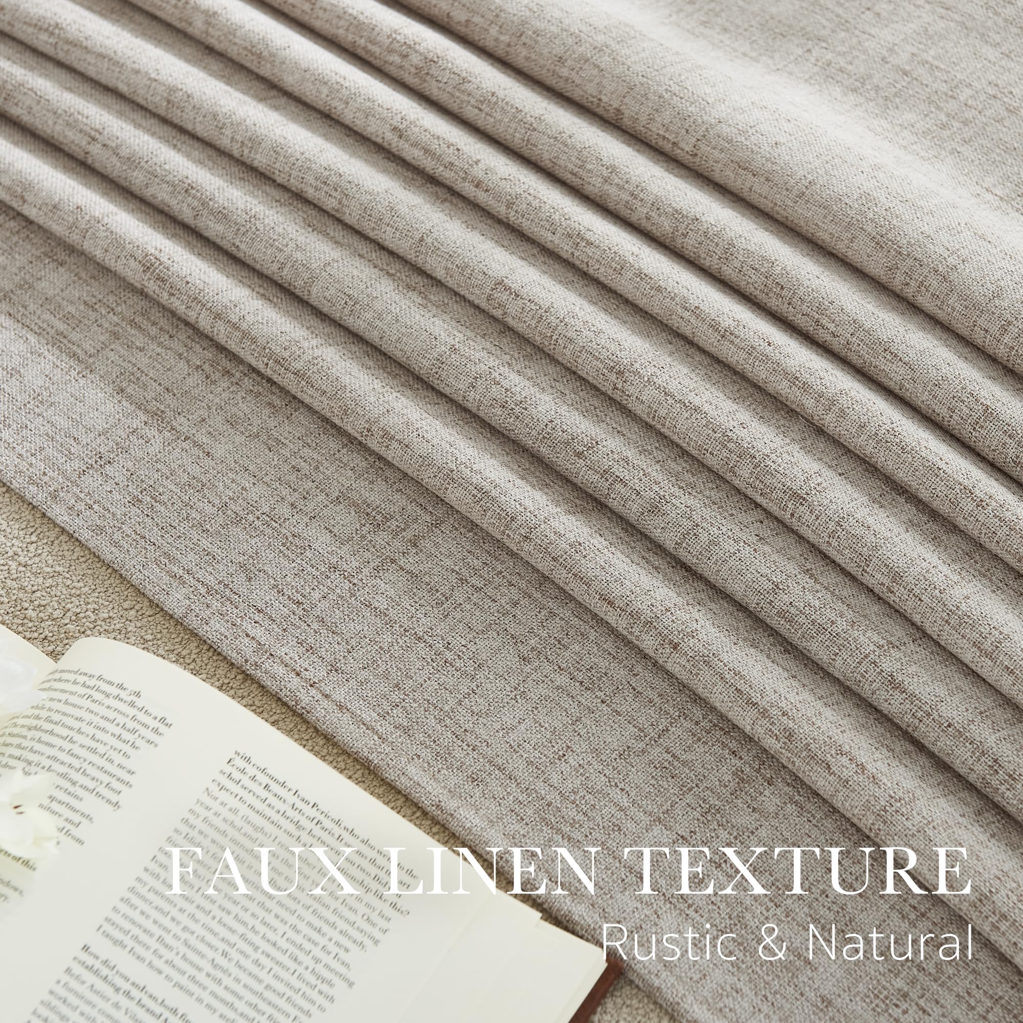 PONY DANCE Rideau Lin Effet - Rideaux Style Lin Épais A Oeillets, Protection de la Vie Privée Chic pour Salon Chambre à Coucher Maison Fenetre, L140xH260cm, 2 Panneaux, Beige