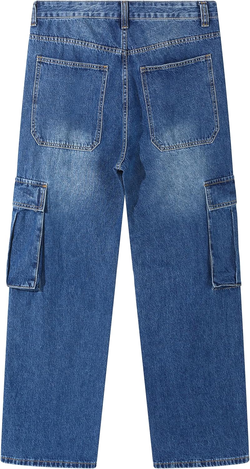 Men's Non-Stretch Loose Fit Wide-Leg Baggy Cargo Jeans Pants - Image 6