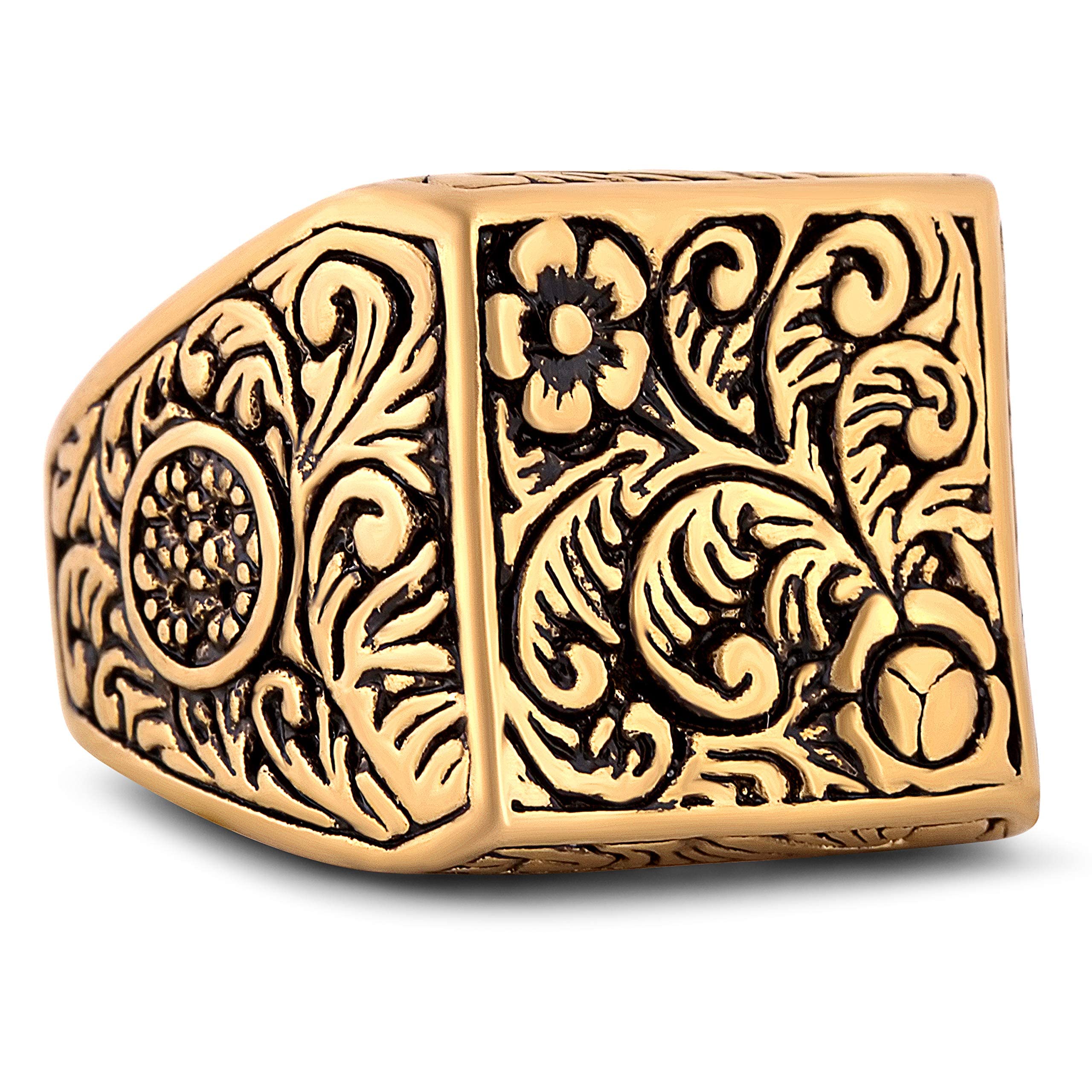 Akitsune Floris Anillo | Design-Anillo Mujer Hombre Acero Inoxidable Sello de Adorno Floral Grande - Oro - US 8