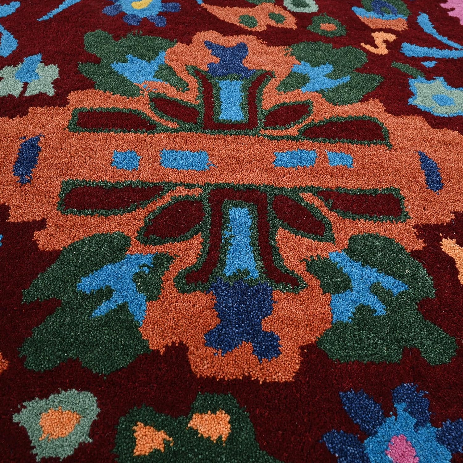 Handmade Oushak Wool Area Rug | Floral and Botanical Patterns in Soft Blue and Green | Luxurious Thick Pile for Living Room, Bedroom & Dining Room Decor (Deep Maroon, 5' x 8')