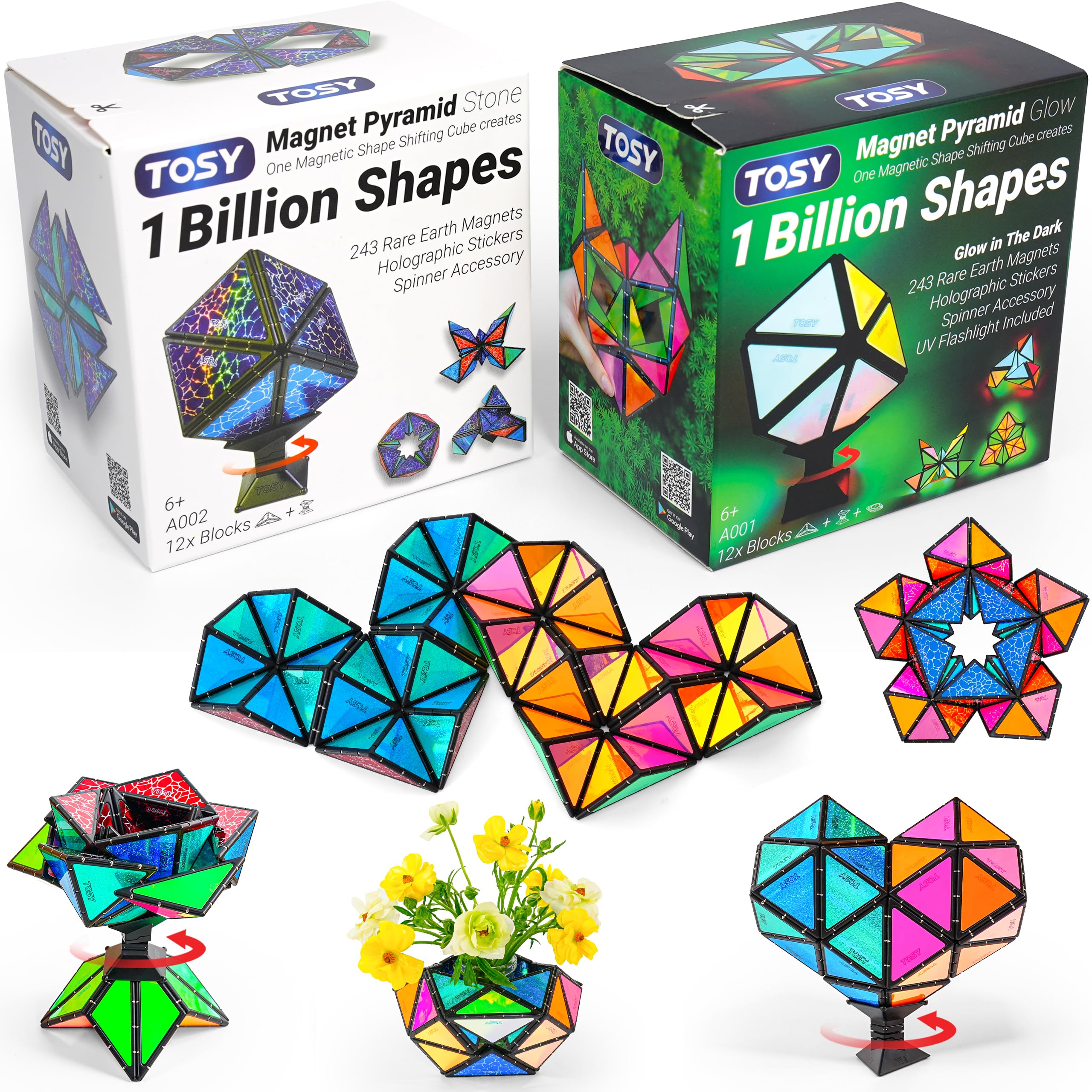 TOSY Magnet Pyramid - 1 Cube Transforms into 1 Billion Shapes, 12 pieces, 243 Magnets, Glowing, Christmas Stocking Stuffers Gift for Kids, Holographic Design, Creative Puzzle STEM Toy, Mixed Set