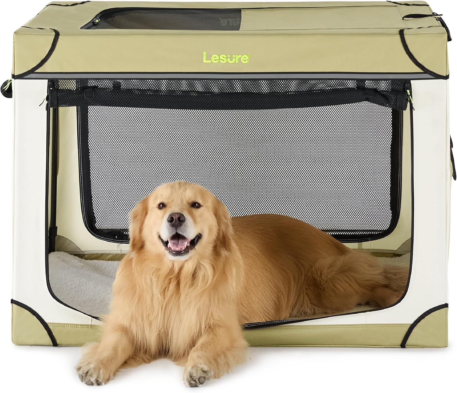 Lesure Soft Collapsible Dog Crate - 42 Inch Portable Travel Crate for Extra Large Dogs Indoor & Outdoor, 4-Door Foldable Pet Kennel with Durable Mesh Windows, Beige