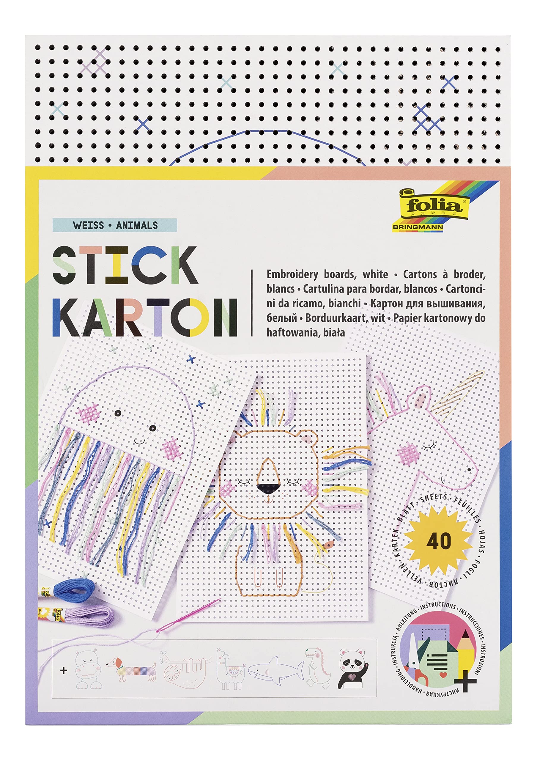 folia 2324 2324 Embroidery Card Mix Animals, 300 g/m², Colourful Printed, 17.5 x 24.5 cm, 40 Sheets, 8 Designs, Ideal for Embroidery Exercises, Multi-Coloured
