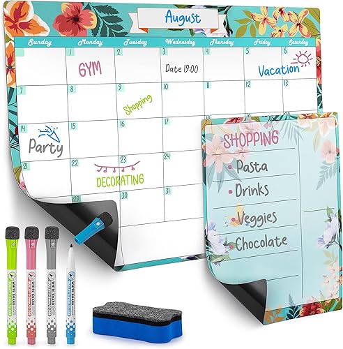 Zulay Kitchen Kit de pizarra blanca magnética de borrado en seco, calendario magnético para nevera, incluye bloc de notas magnético, 4 marcadores de