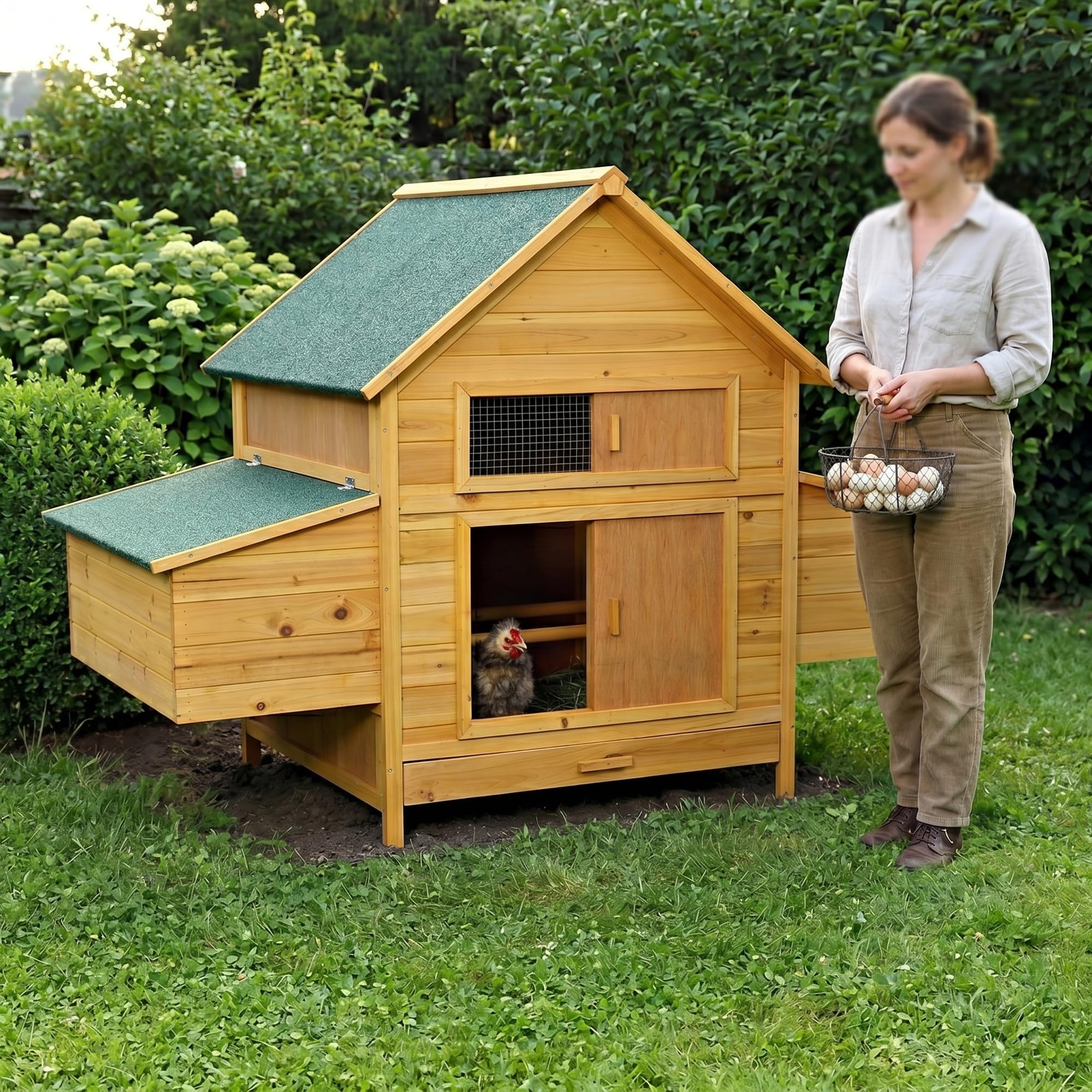Mucola Hühnerstall XXL 160x115,5 cm Holz Natur – Hühnerhaus mit Freilauf & aufschiebbarem Fenster, abnehmbares Dach – wetterfest Indoor Outdoor – Geflügelstall Hasenstall Kaninchenstall Kleintiere