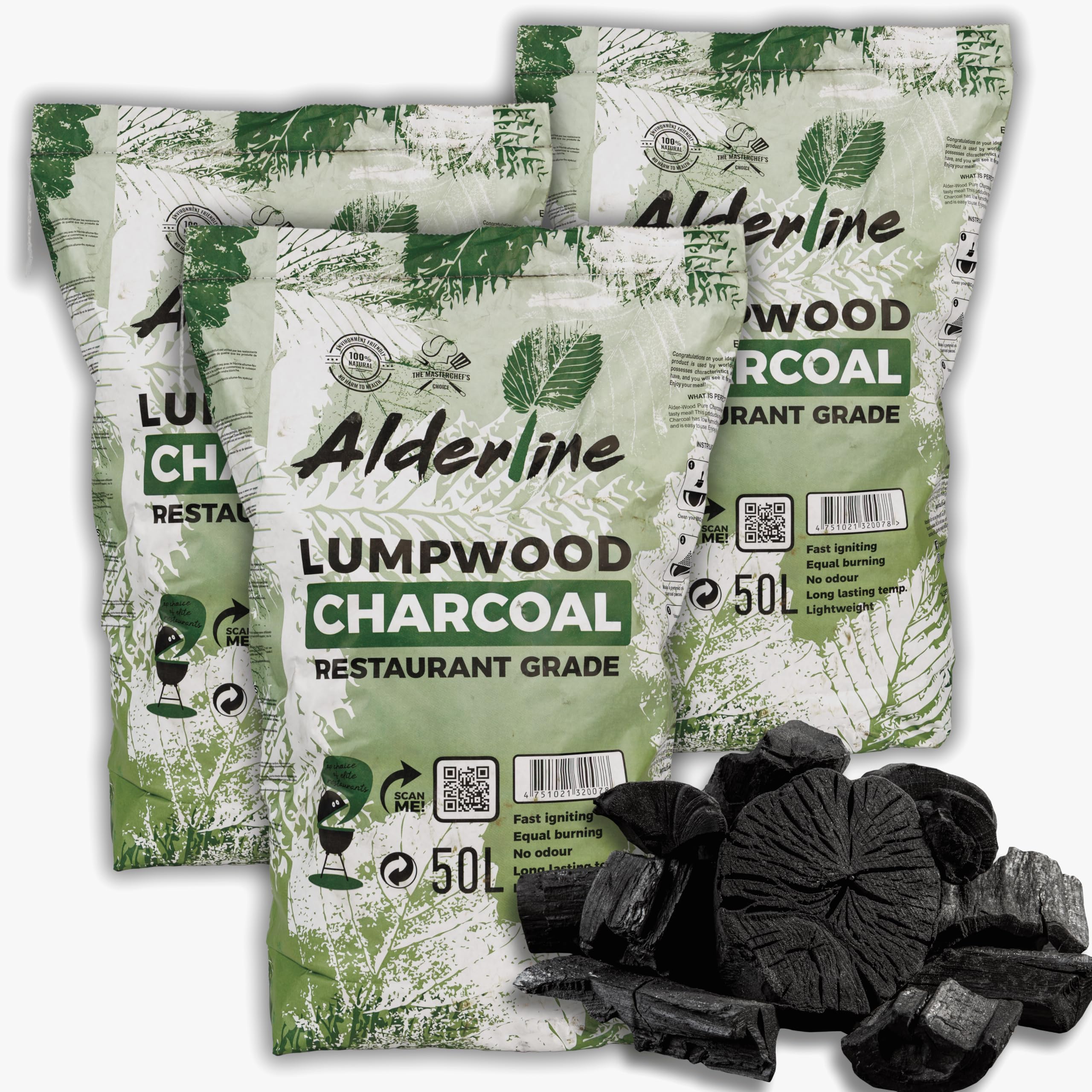 Alderline Lumpwood Charcoal BBQ - Smokeless & Flavor-Enhancing, Quick-Light, Sustainable, Grills & Cooking Styles - 5-20cm Pieces 50L Bag - Restaurant Grade Charcoal (150L)