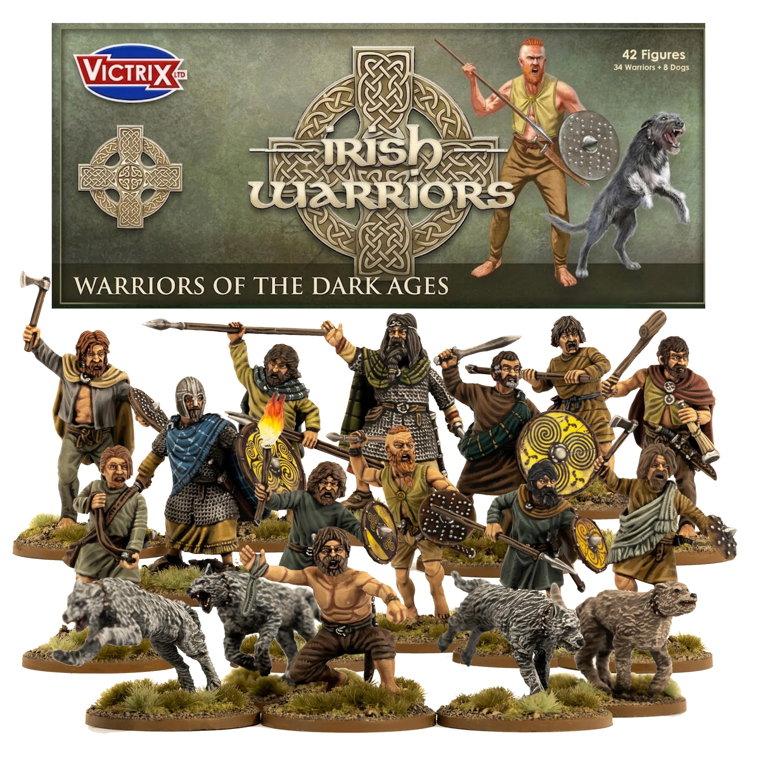 Wargames Delivered - Victrix Dark Age Irish and Dogs - Exquisitely Crafted 34 Models Warriors & 8 Dogs for History Enthusiasts - Perfect for Display or as a Unique Gift for Fans of Medieval History