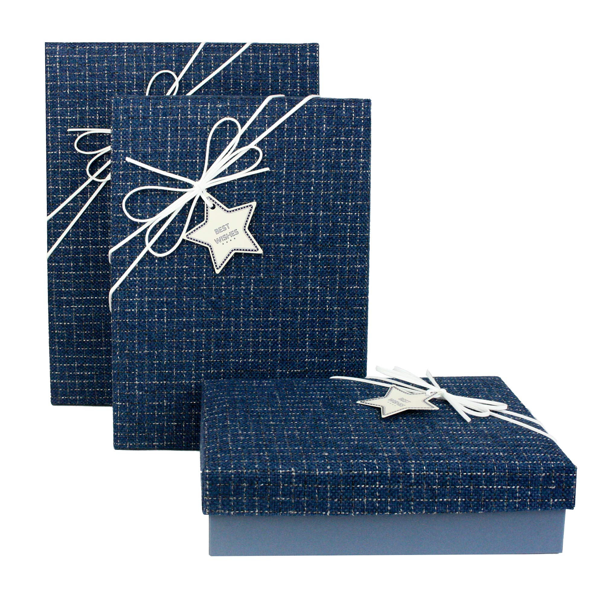 Emartbuy Set di 3 Lusso Rigido Scatola Regalo a Forma di Rettangola,Scatola Blu Con Coperchio Blu in Tessuto Testurizzato, Interni Color Cioccolato e Nastro Decorativo in Pelle Scamosciata