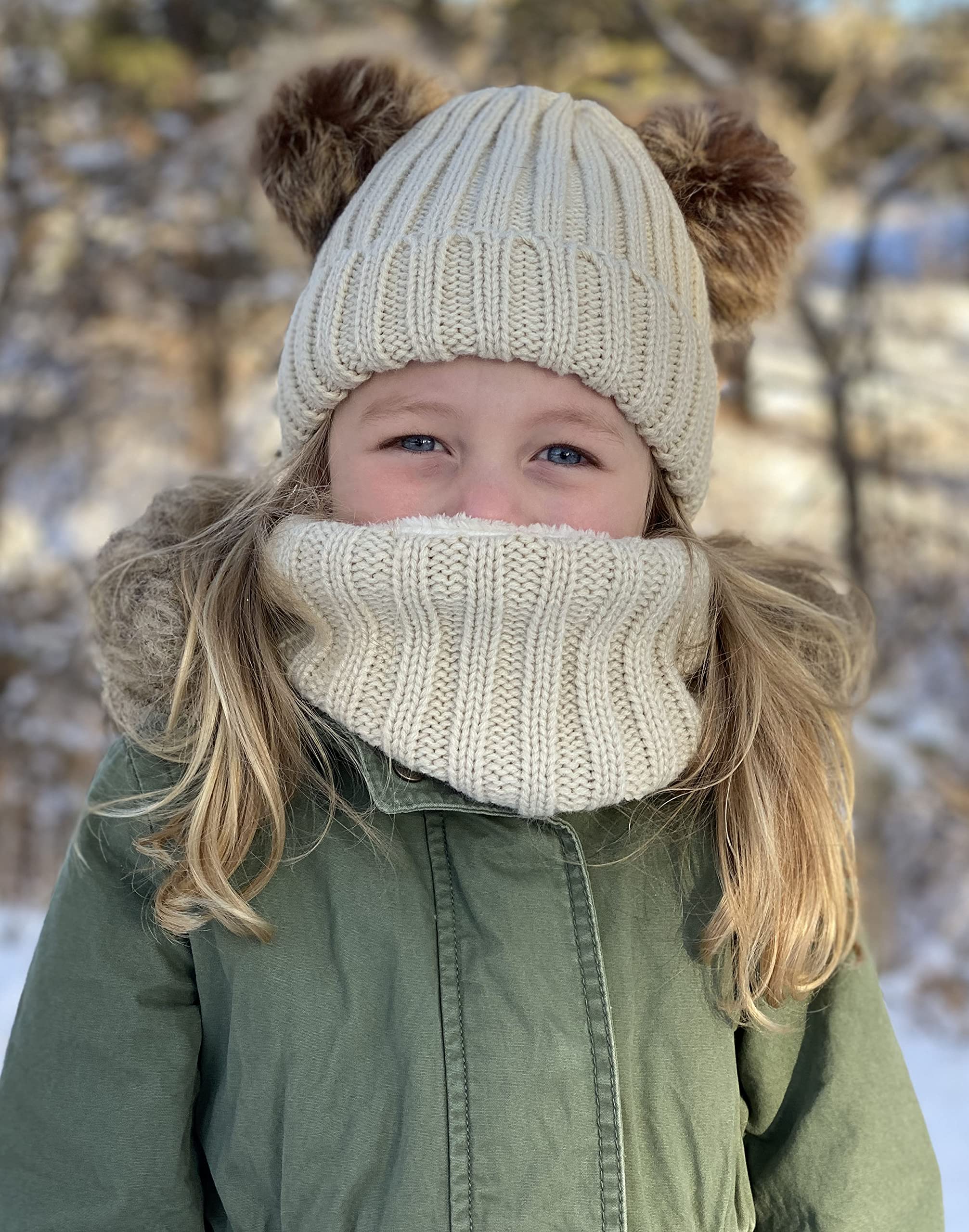 Simplicity Kids Winter Fleece Snow Knitted Beanie Hat for Girls Boys Cable Knit Cap with Pom Pom - Purple