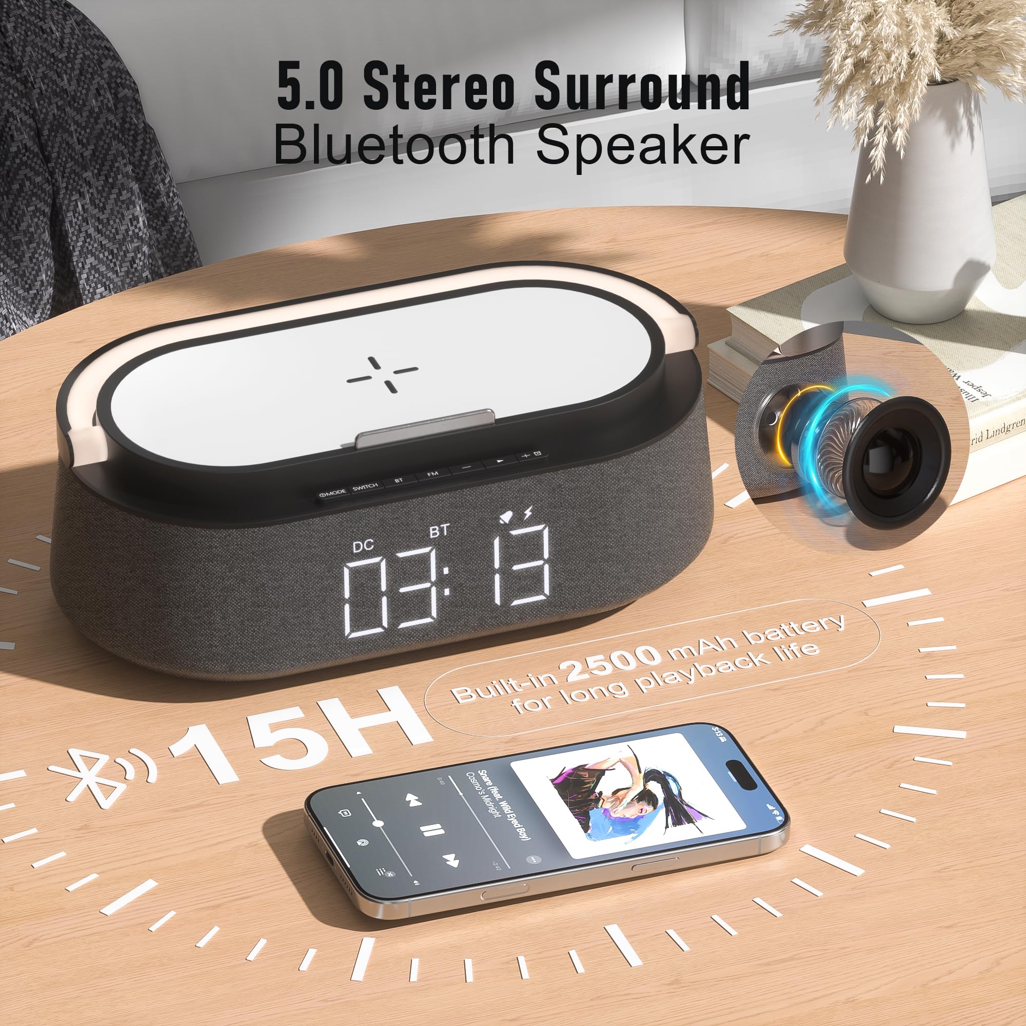 COLSUR Radio Réveil Digital avec Chargement sans Fil avec Lampe