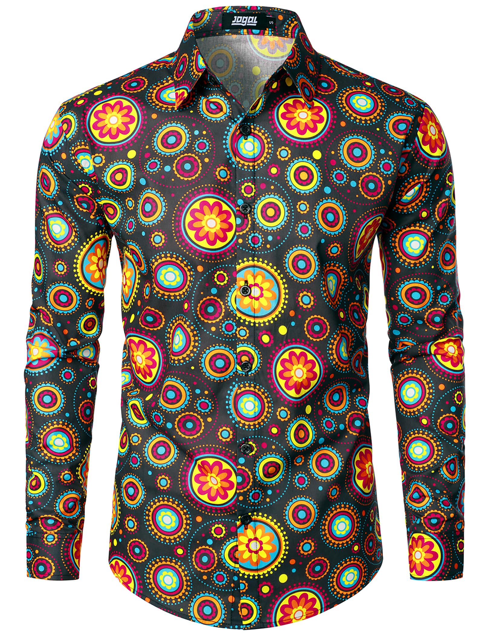 JOGAL Mens 70s Floral Dress Shirt Long Sleeve Printed Casual Button Down Shirts
