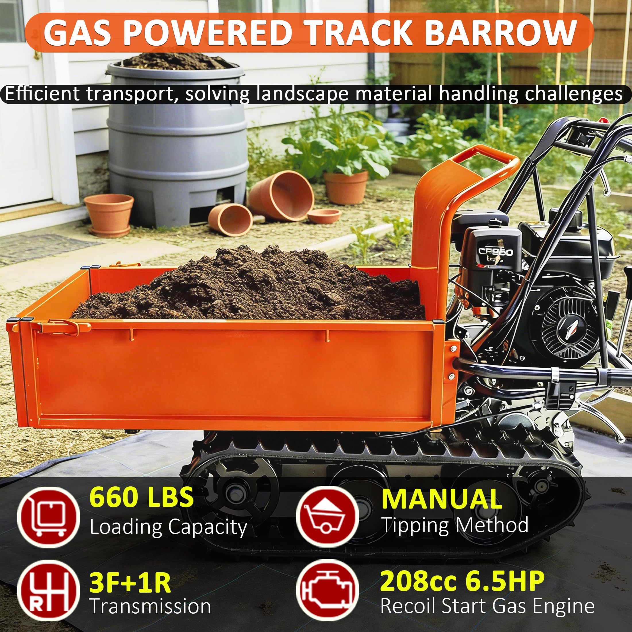 Pojemność 299.4 kg napędzany gazem tor barrow z wymiennymi bokami 208 cm³ 6,5 KM silnik 3F+1R przekładnia ręczna przechylanie gumowe gąsienice, pomarańczowy