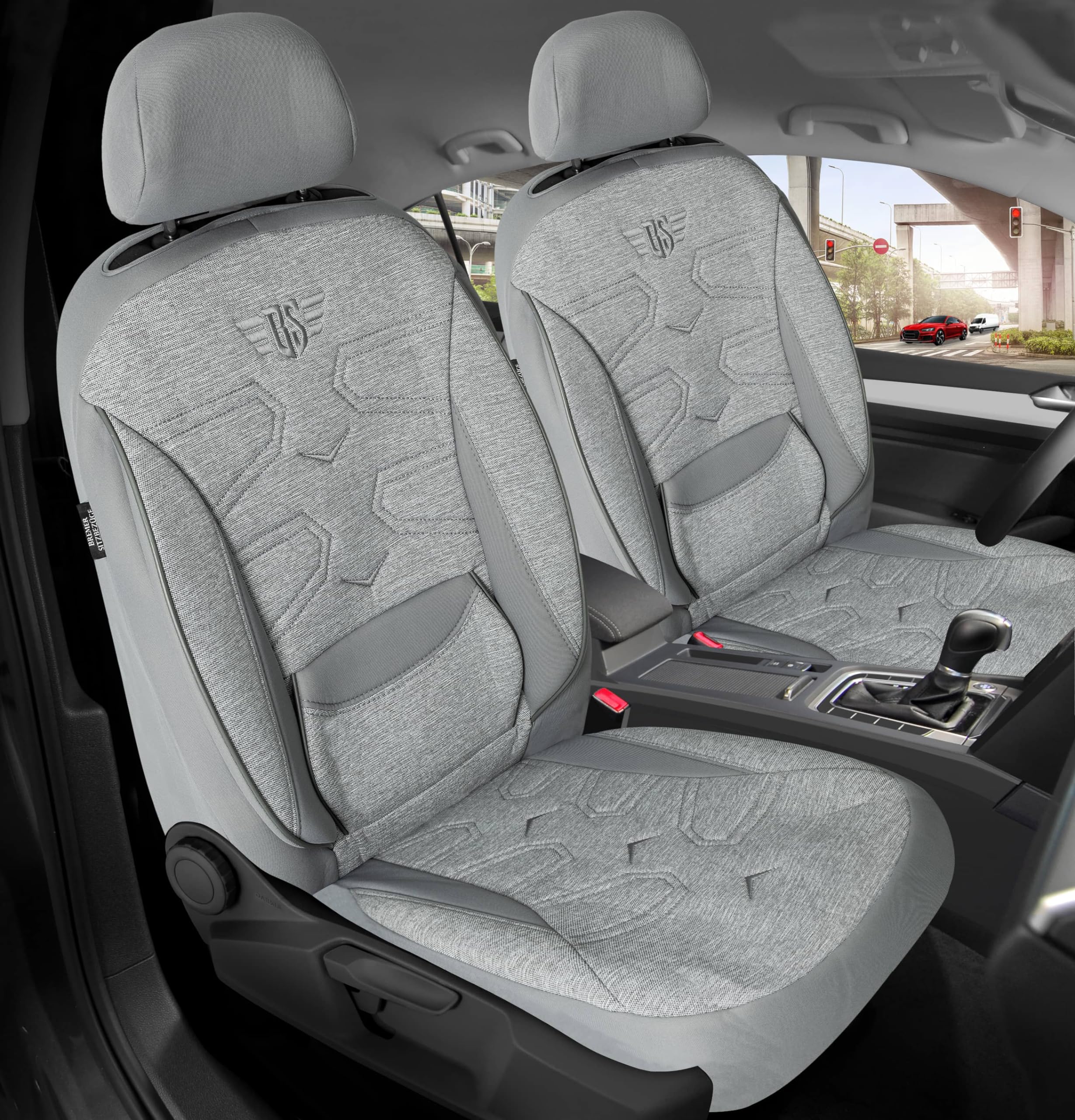 Autositzbezüge Universal für PKW, SUV – Premium Vordersitzbezüge Grau, hochwertig verarbeitet für mehr Sitzkomfort, Airbag-kompatibel, Schonbezüge für Fahrer & Beifahrersitz mit Rückentasche